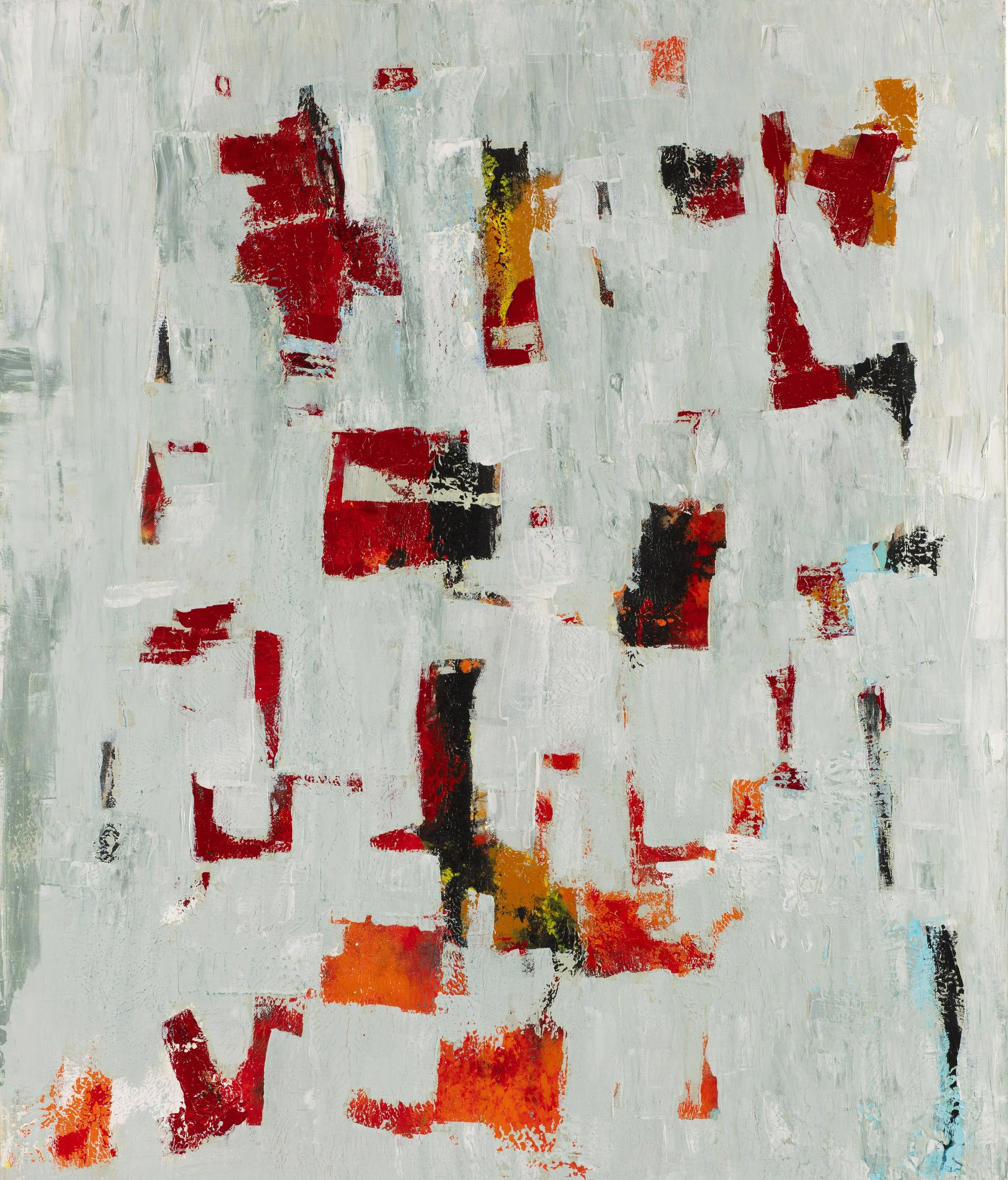 Abstract painting with red, black, and orange geometric shapes on a light green and white textured background.