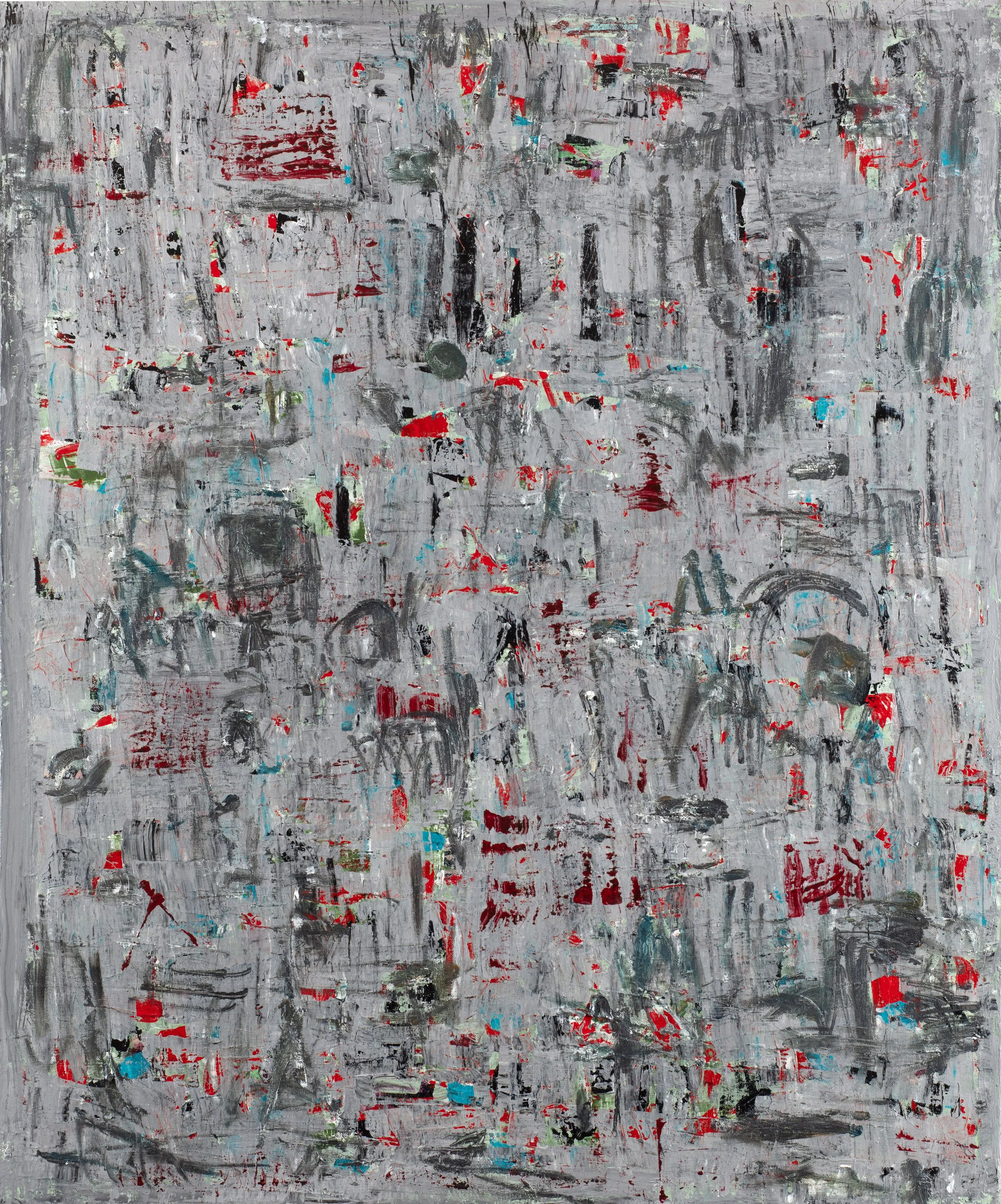 Abstract expressionist painting with gray background and scattered red, black, green, and blue brushstrokes and markings.