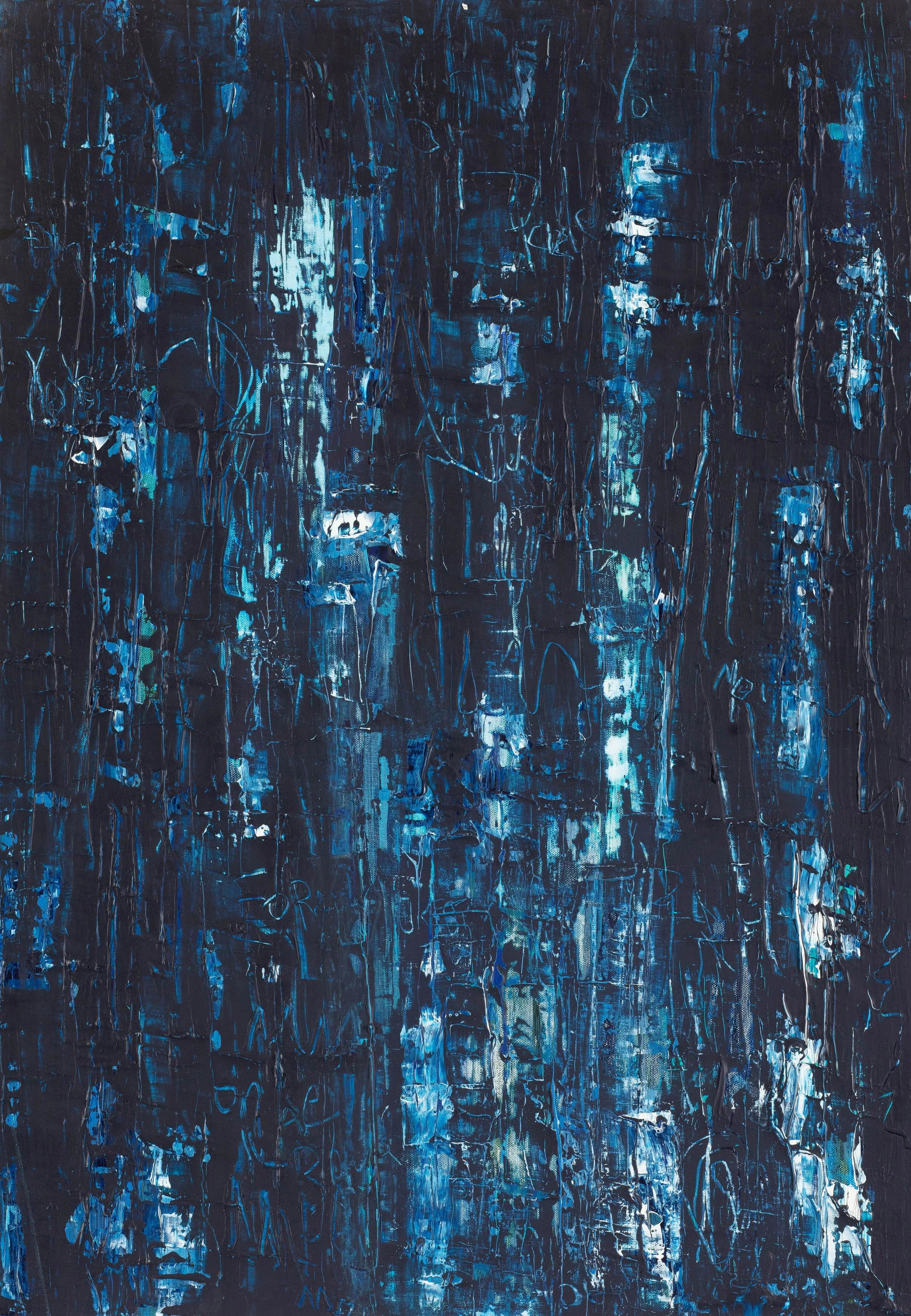 Abstract painting with various shades of blue, black, and hints of green and white, featuring thick textured brushstrokes and lines.