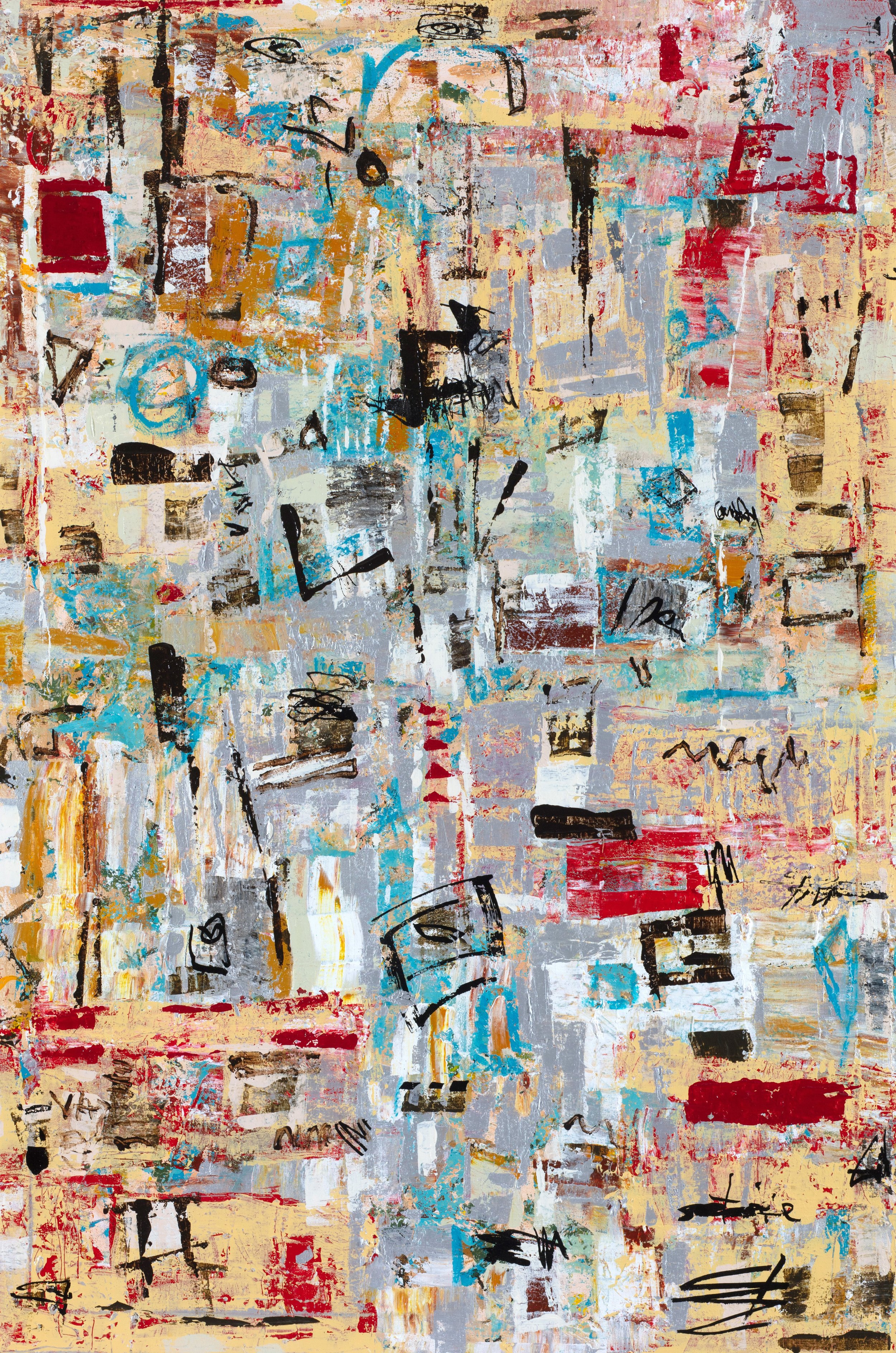 An abstract painting with a mix of bright colors including red, yellow, blue, and black, featuring various shapes, scribbles, and brushstrokes.