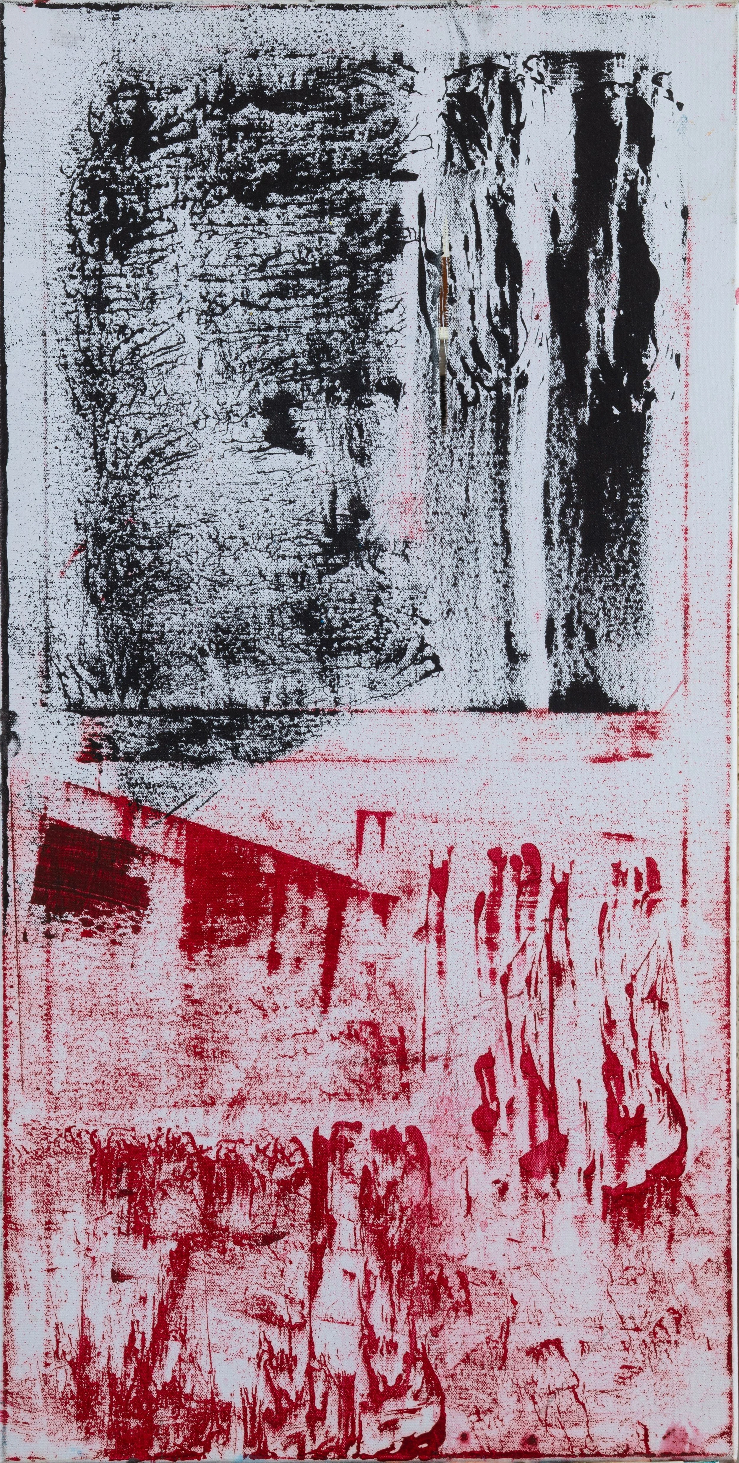 Abstract artwork with black and red textured patterns on a white background.