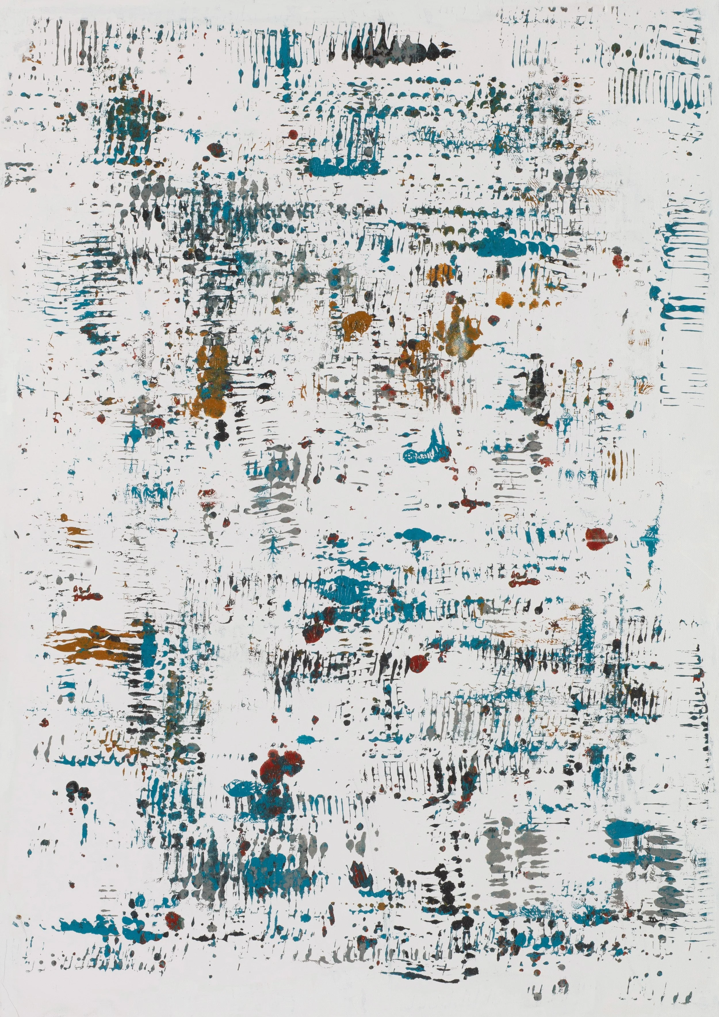 Abstract artwork with scattered brushstrokes and splatters of blue, black, brown, gray, and red on a white background.