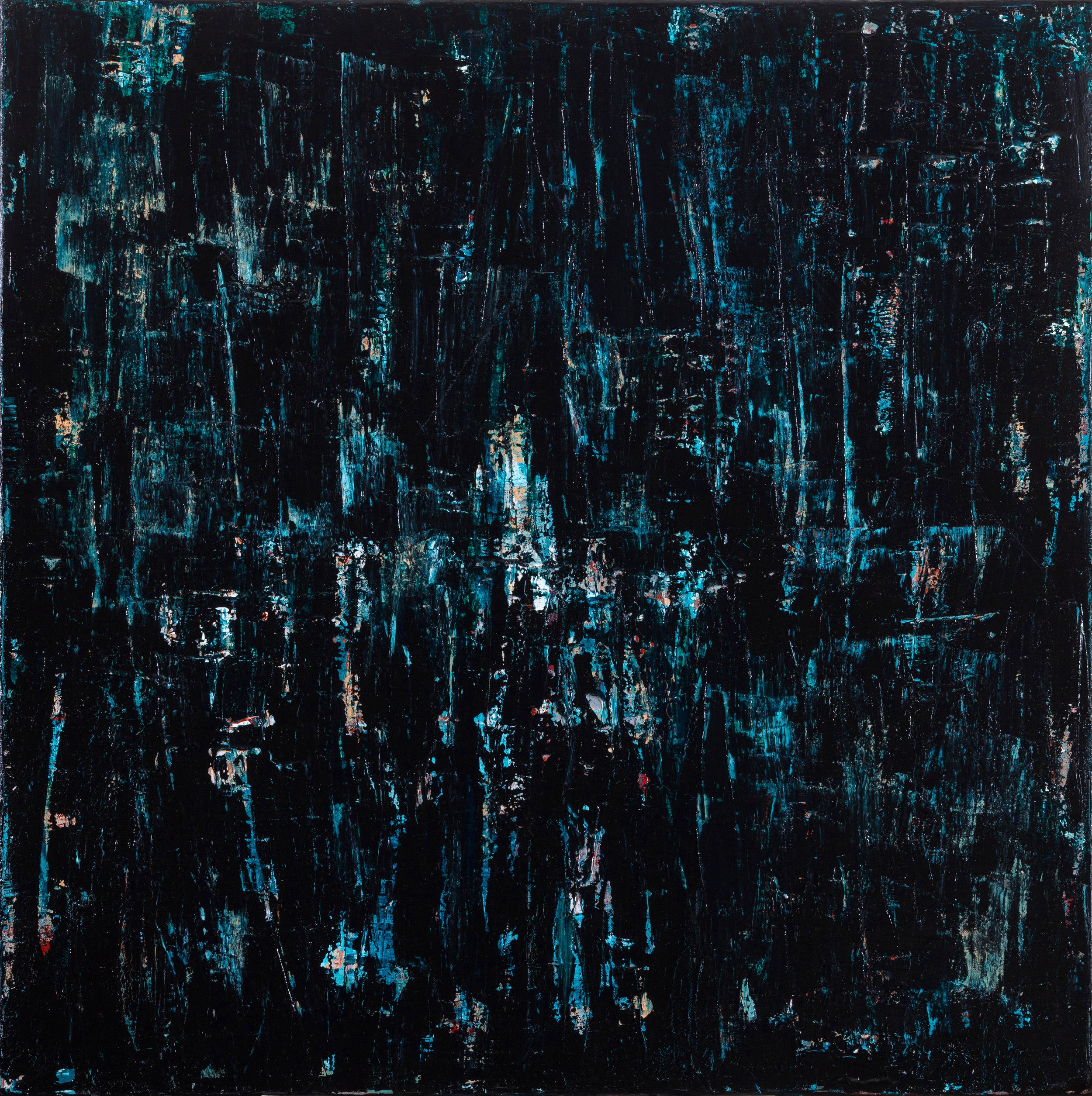 Abstract painting with black, blue, white, and hints of red and beige colors in bold, textured strokes.