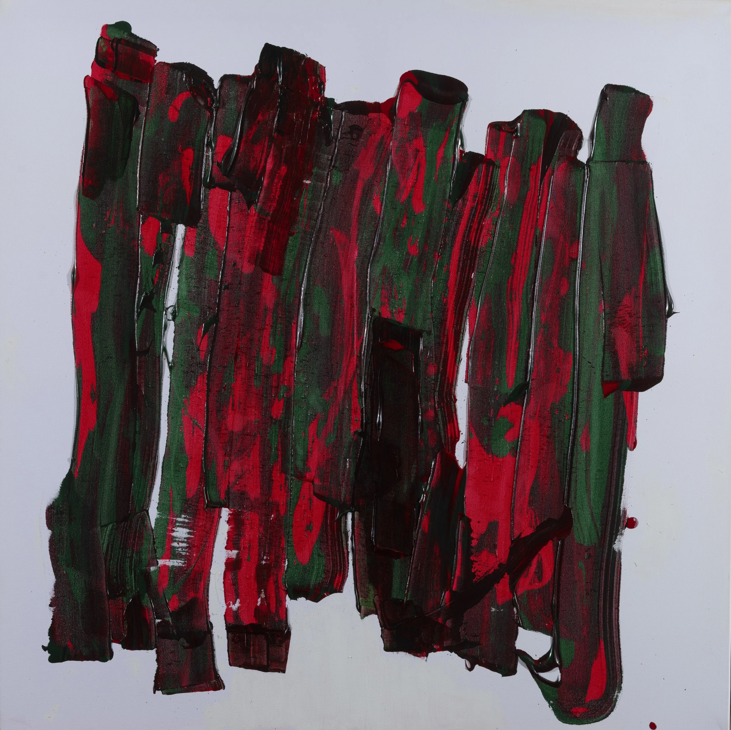 Abstract painting with vertical streaks of red, black, and green paint on a gray background.