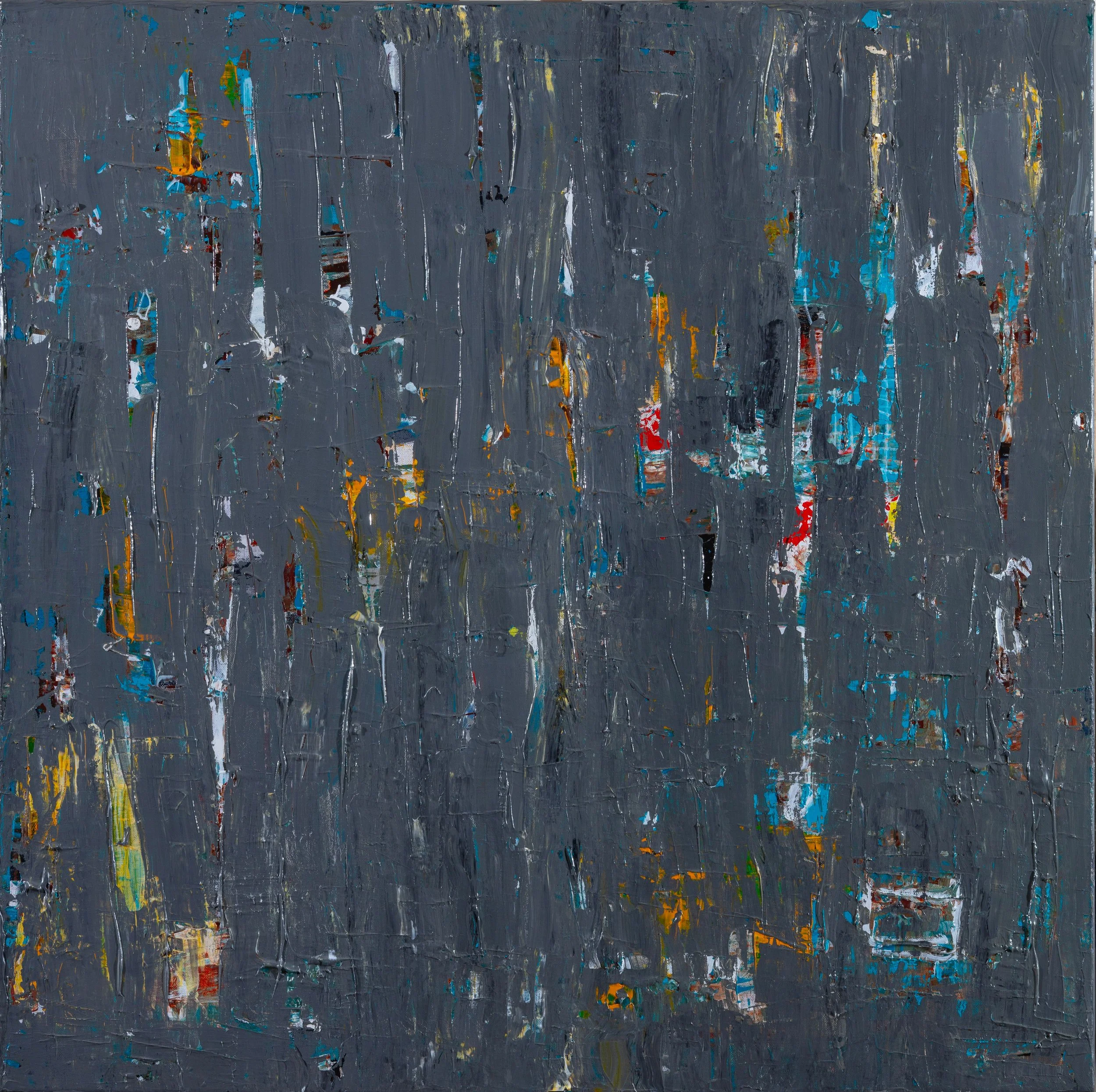 An abstract painting with a dark grey background and multicolored small patches and streaks of blue, yellow, red, and white.