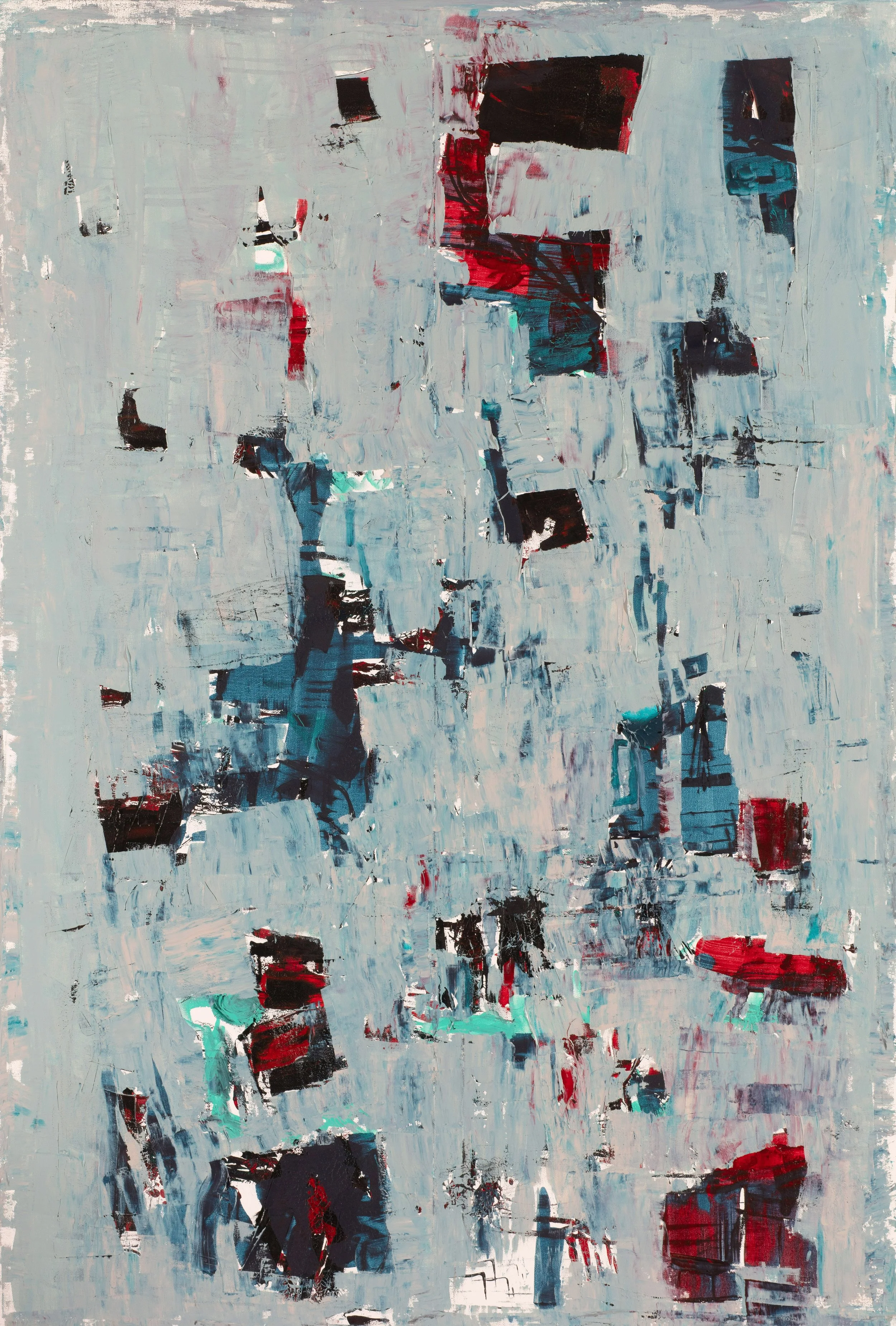 Abstract painting with a light blue background, scattered patches of red, black, white, and teal colors creating textured, layered geometric shapes.