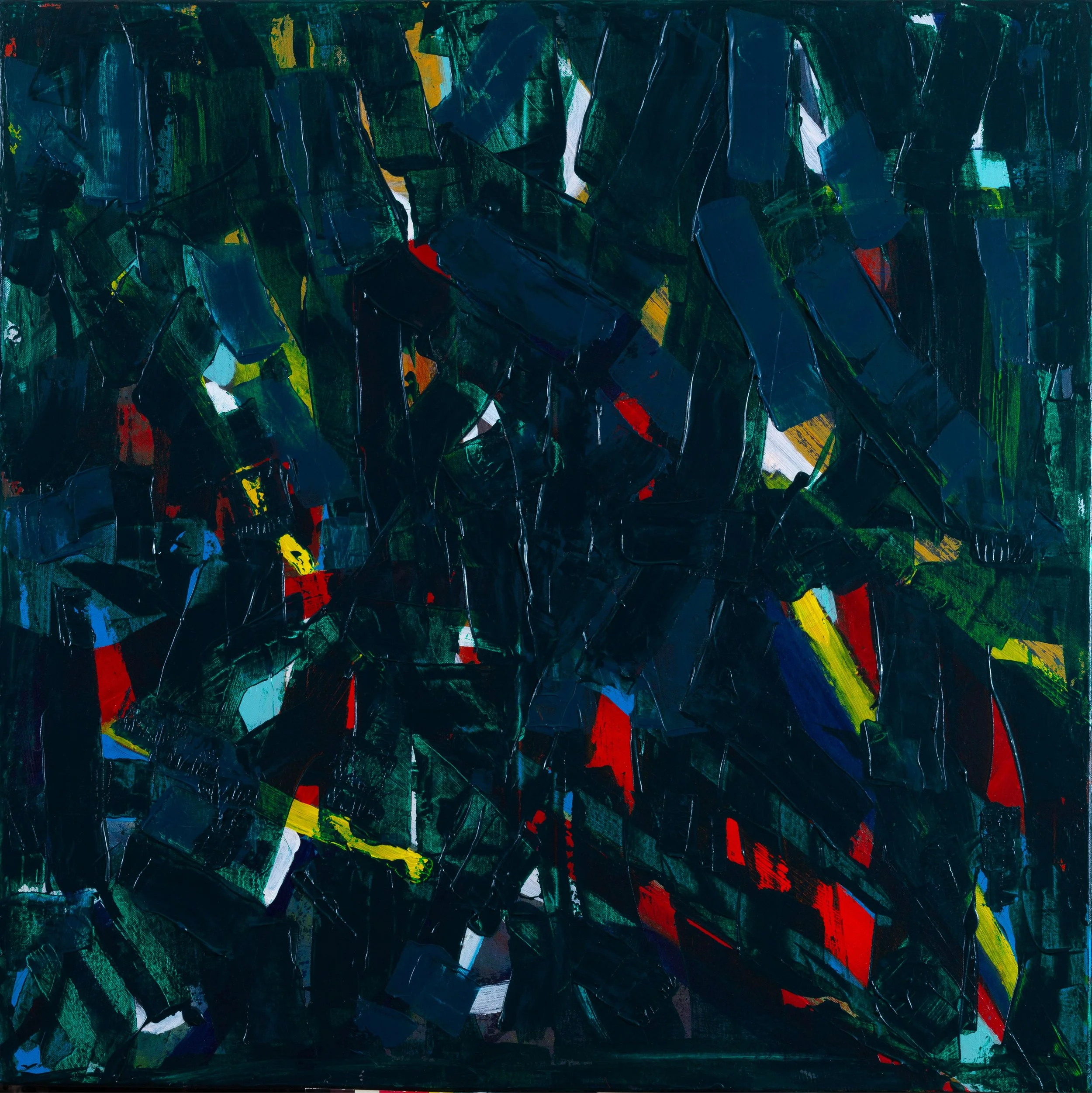 Abstract painting with dark green, black, red, yellow, white, and blue brushstrokes in a chaotic pattern.