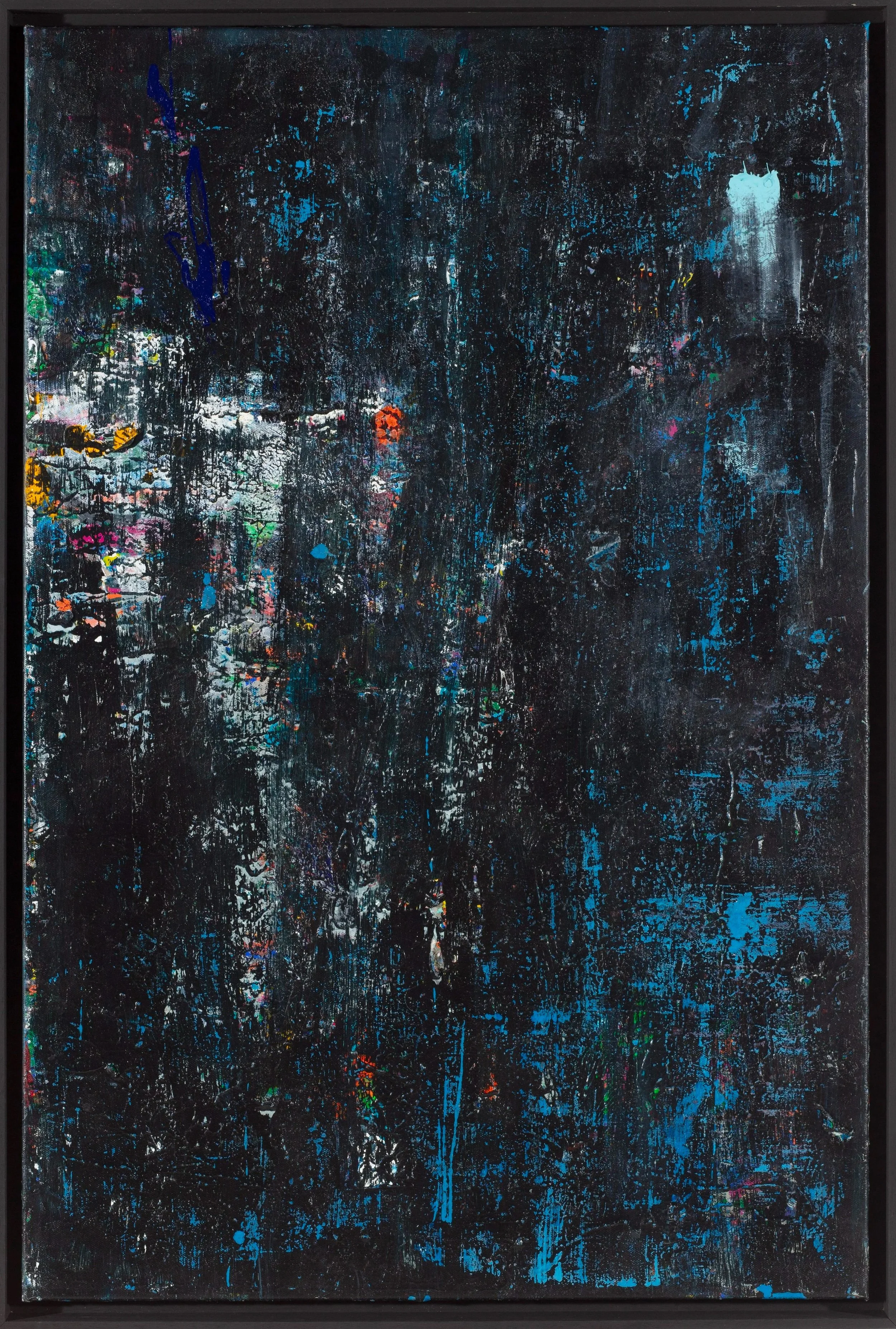 Abstract dark painting with splashes of blue, green, yellow, pink, and red paint on a black background.