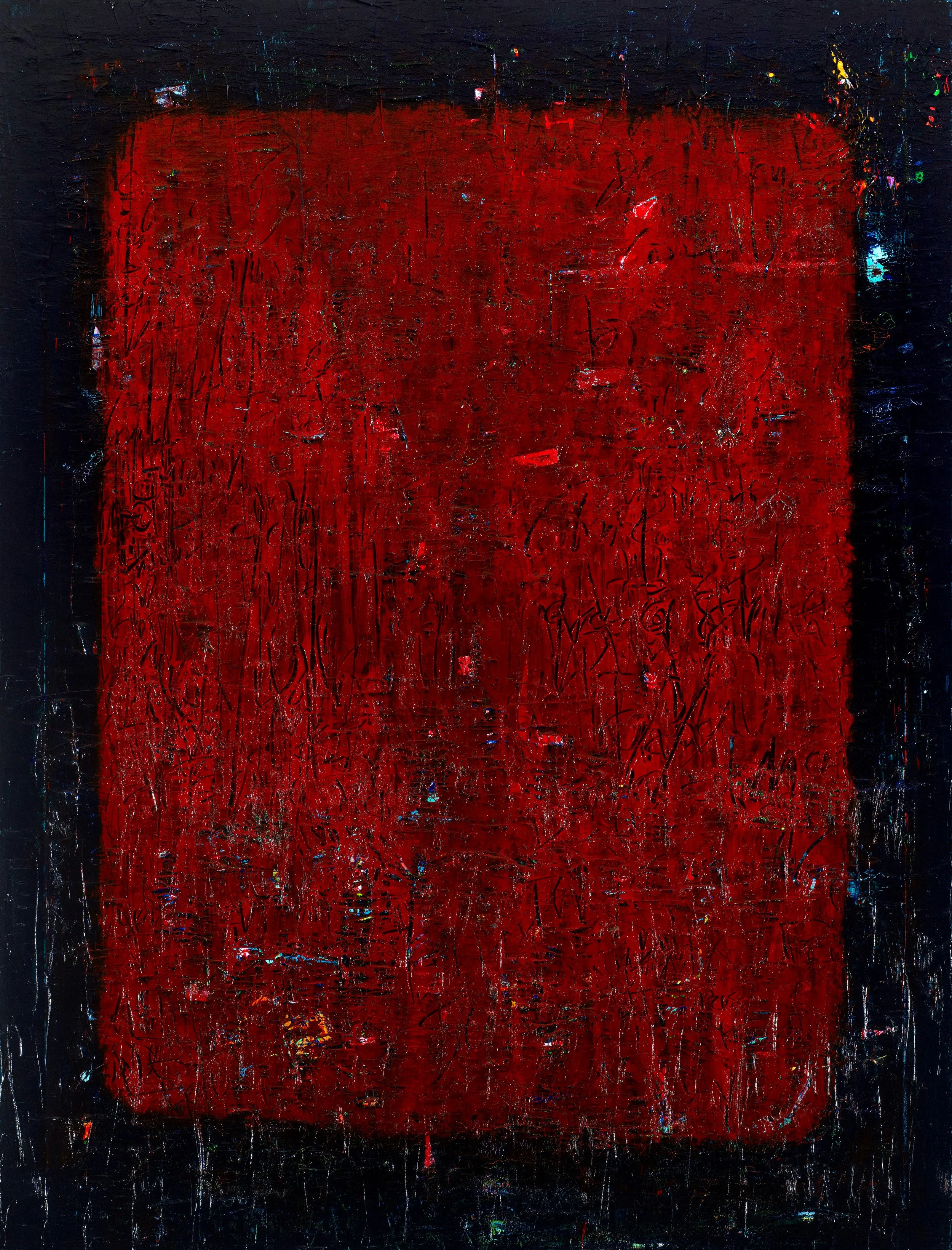 An abstract painting featuring a large, textured red rectangle with a black border on a dark background.