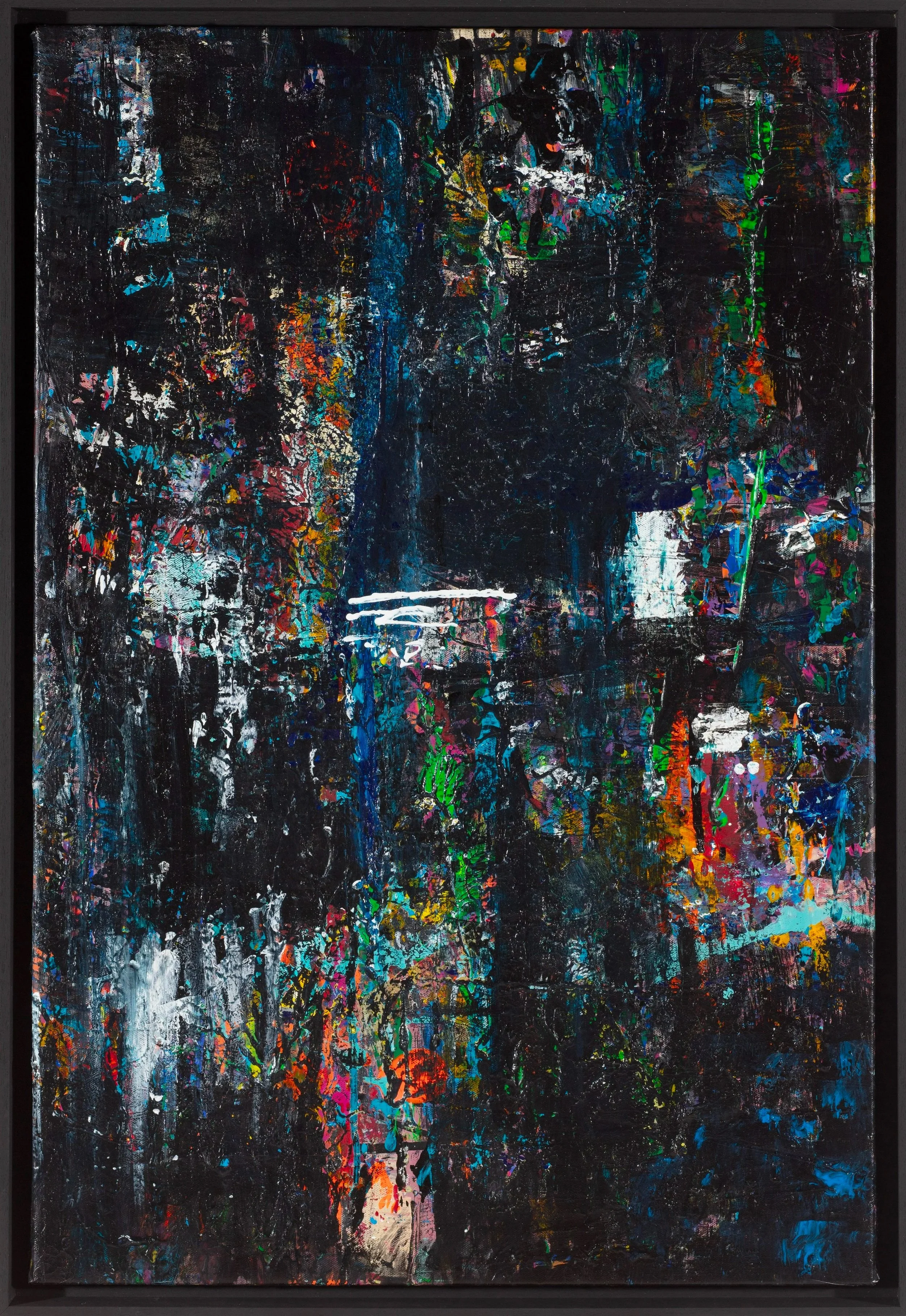Abstract painting with a black background, featuring splashes of vibrant colors including red, blue, green, yellow, pink, and white, with some textured and layered paint.