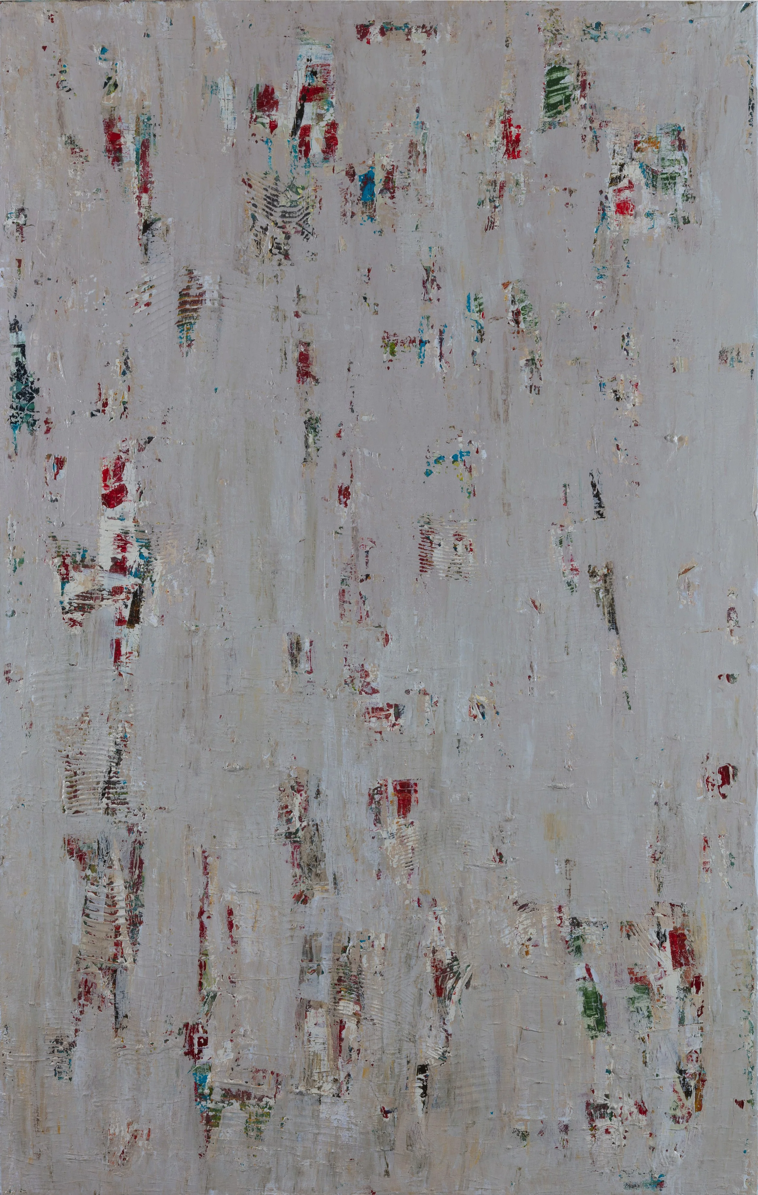 Abstract impressionist painting with textured brushstrokes and scattered patches of red, blue, green, and black on a beige background.