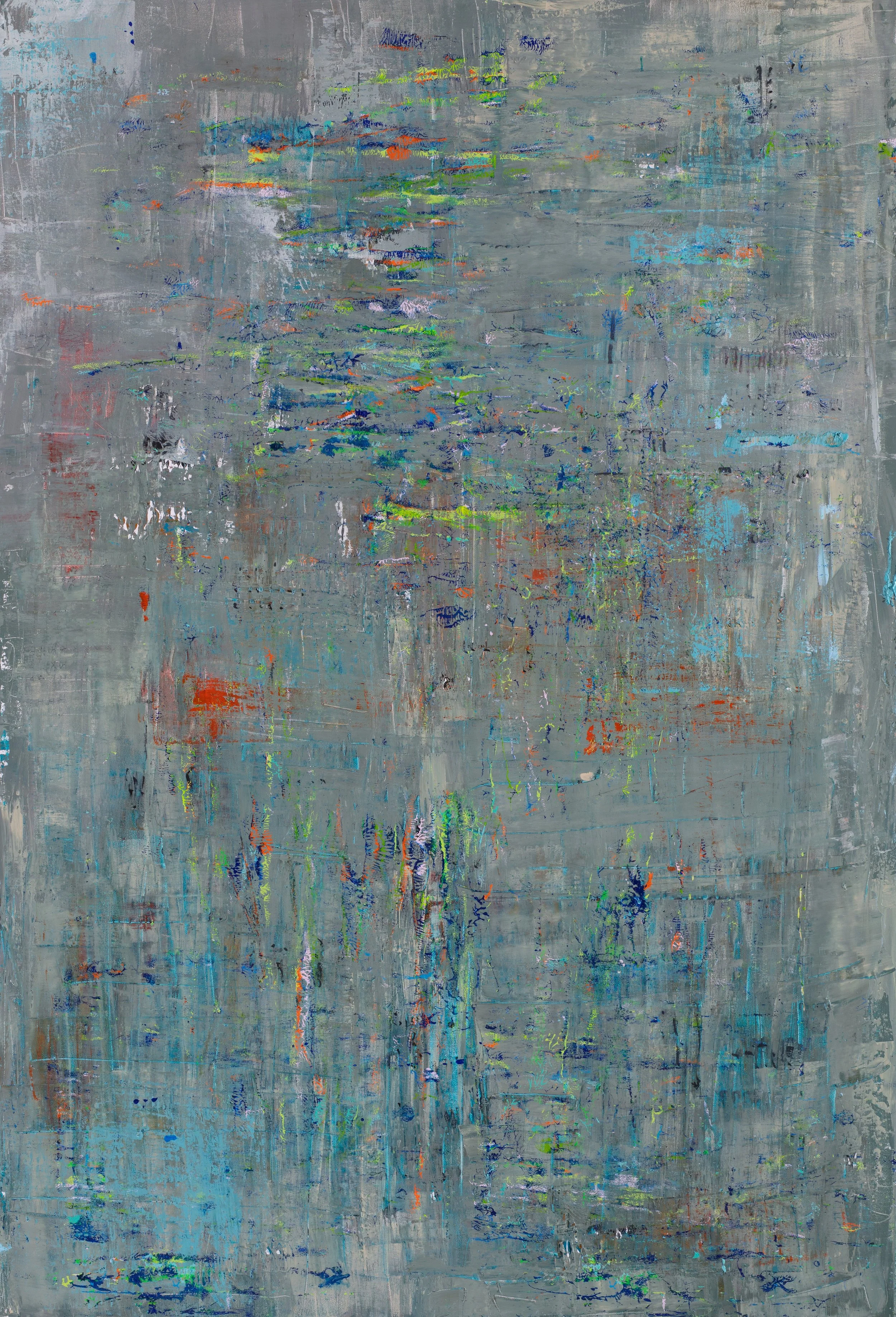 Abstract expressionist painting with gray background and multicolored strokes of blue, green, orange, and purple.