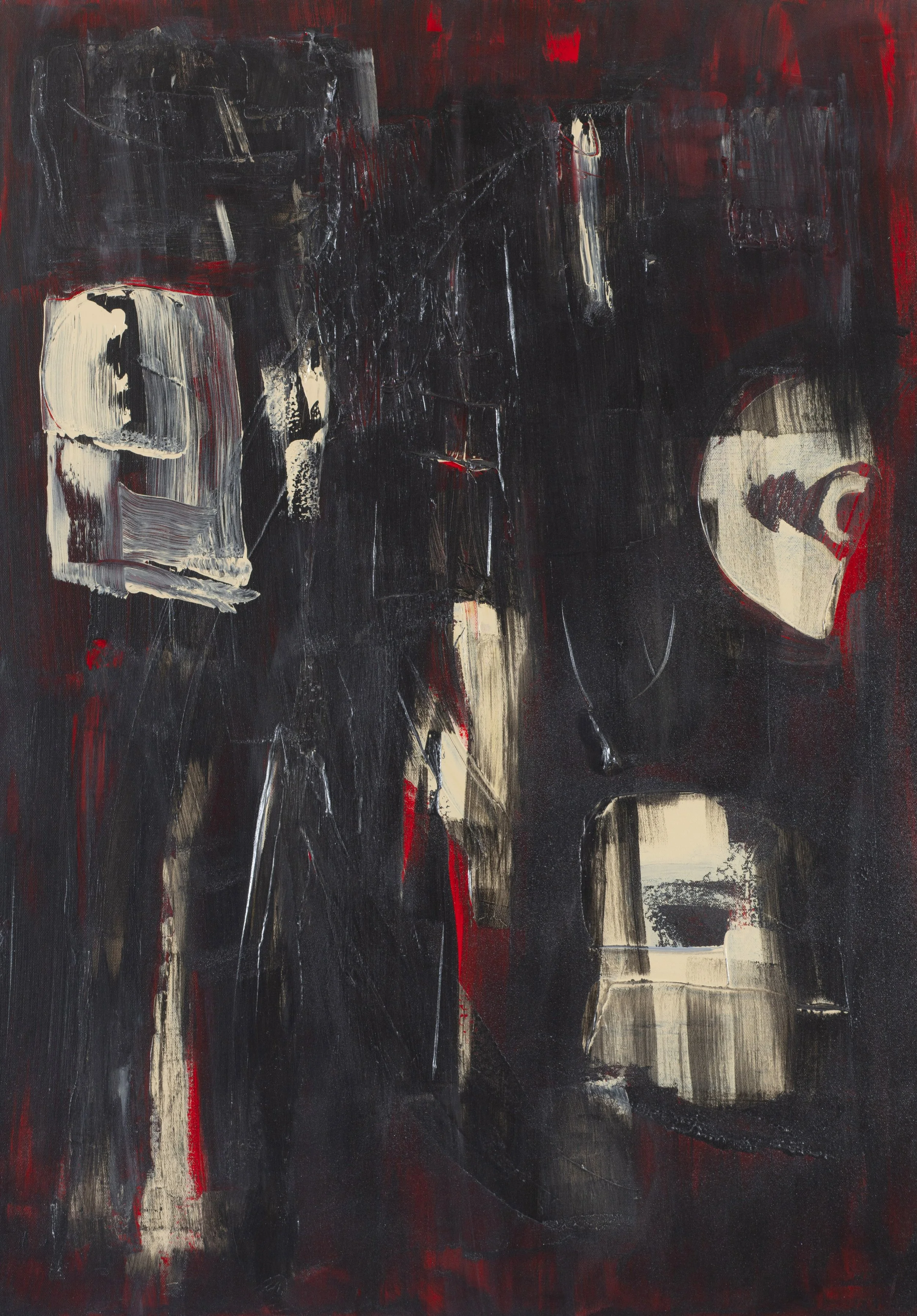 Abstract painting with dark background, beige and red accents, and undefined shapes.