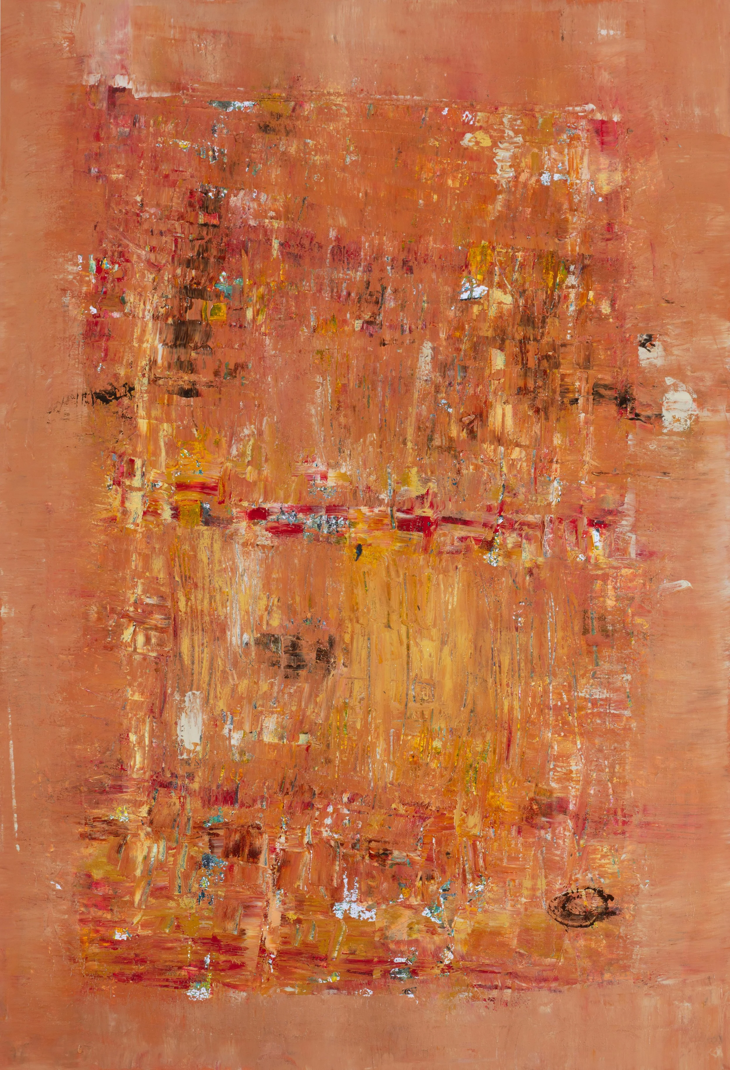 An abstract painting with warm tones of orange, red, and yellow, featuring textured brushstrokes and small patches of blue and white.