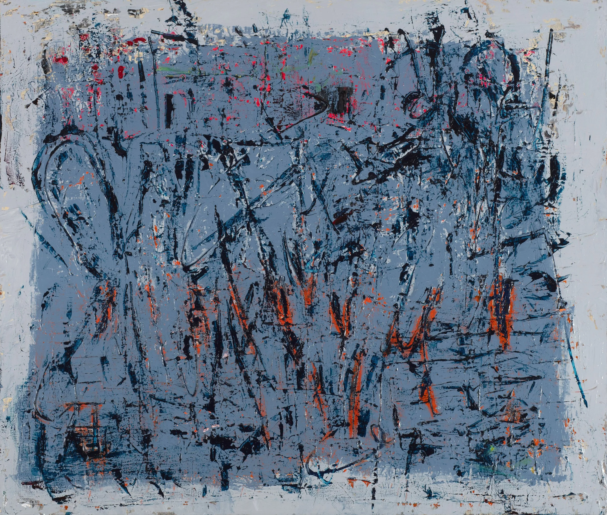 Abstract painting with blue, black, red, and white splatters and strokes.