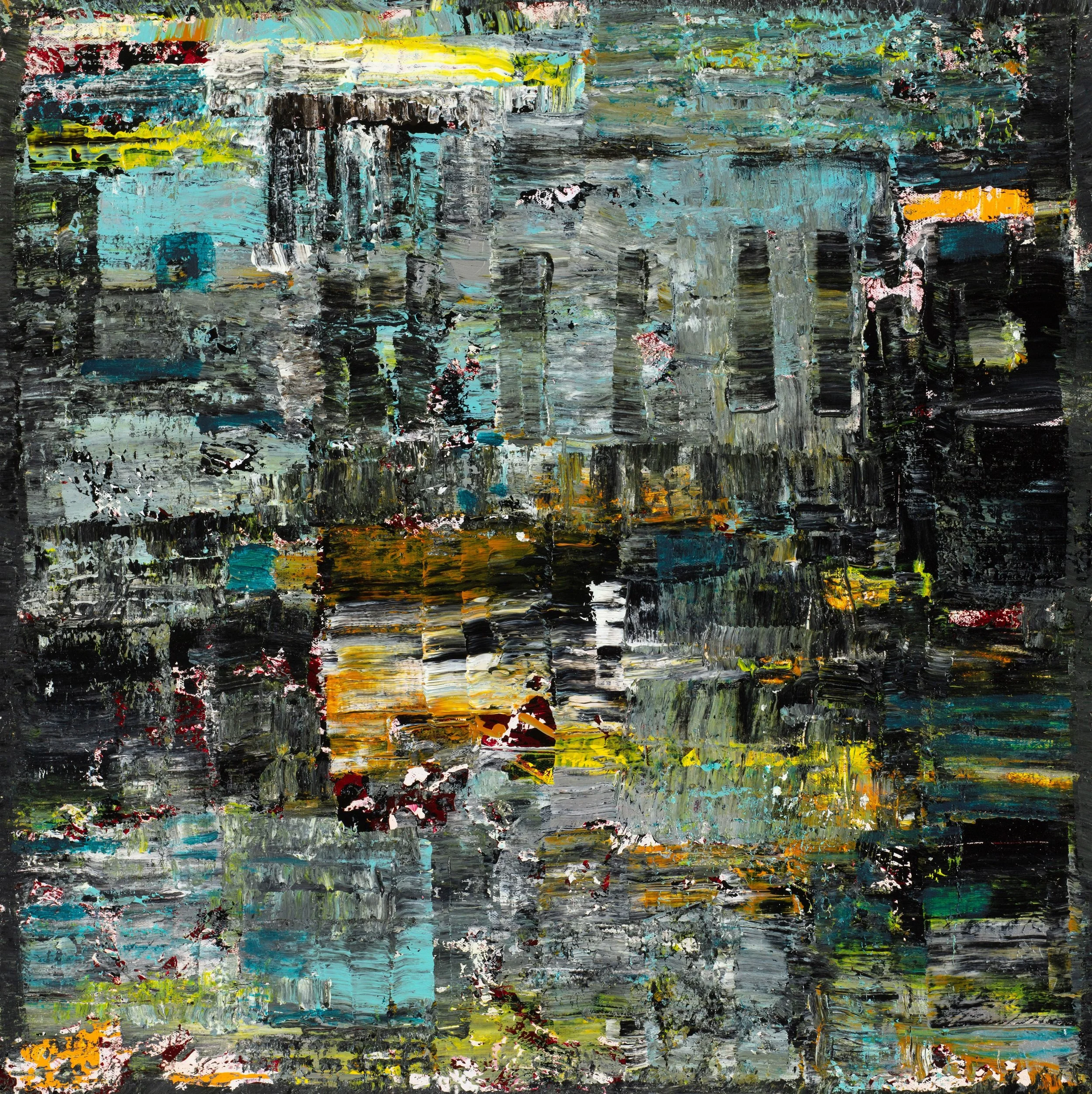 Abstract expressionist painting with bold, textured strokes in shades of blue, black, gray, yellow, orange, and white.