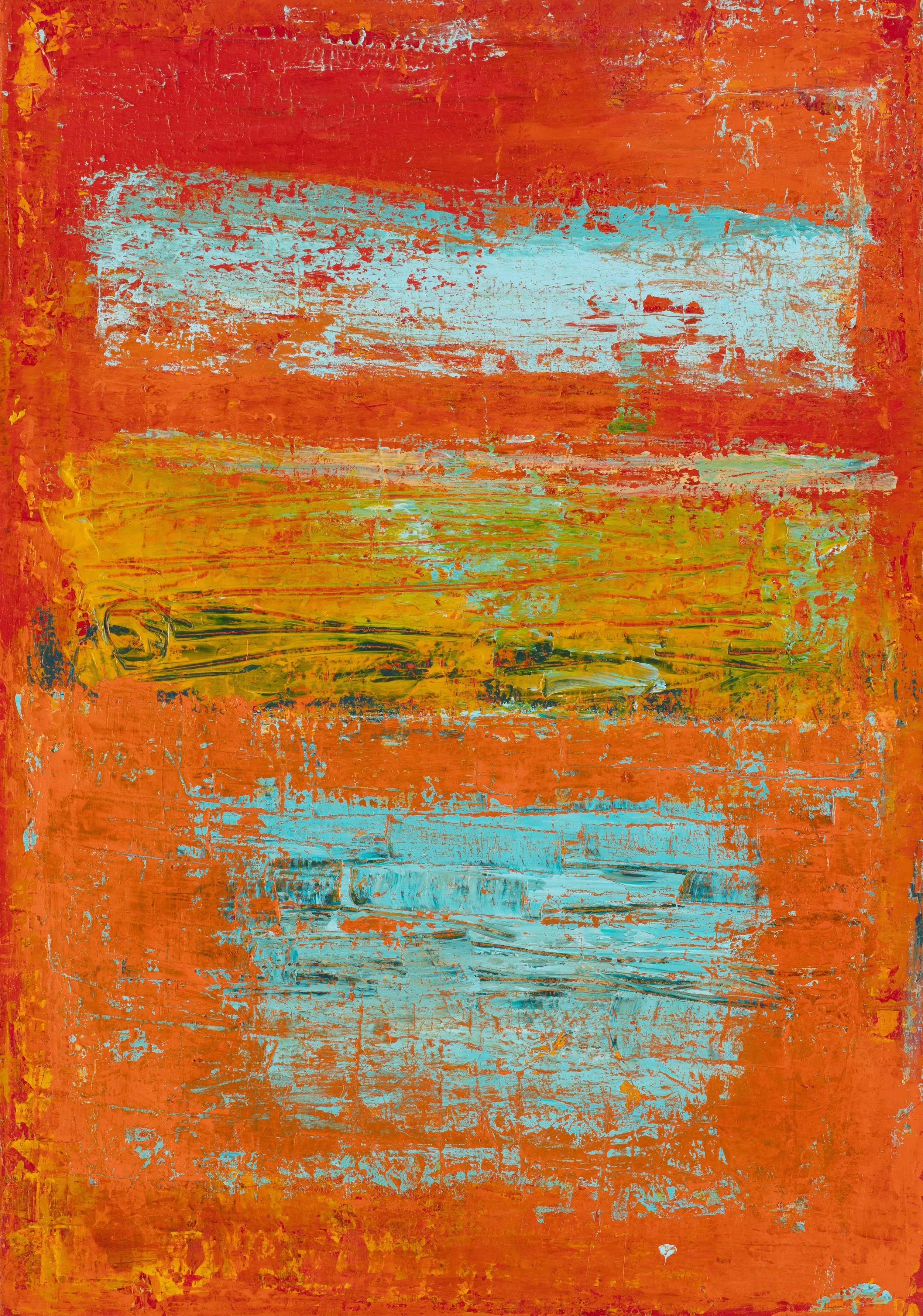 Abstract painting with bold orange background, streaks of blue, yellow, and green paint.