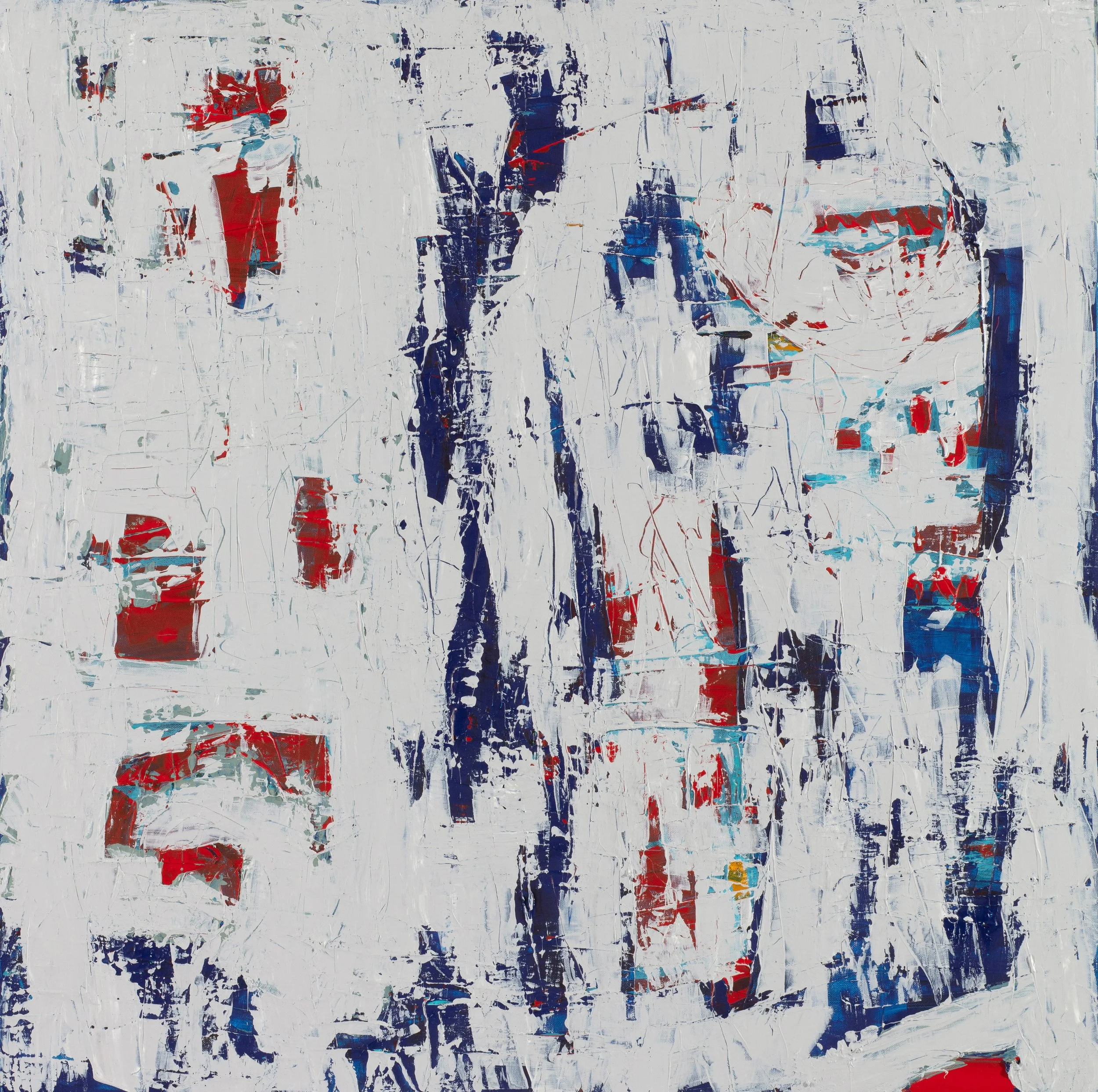 Abstract painting with bold strokes of red, blue, and white, featuring a central vertical dark blue shape and scattered patches of red and blue on a predominantly white background.