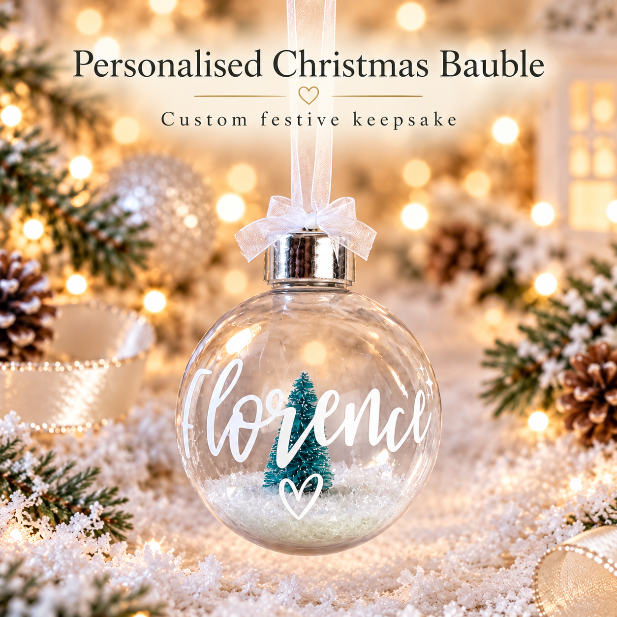 Personalised Shatter Resistant Bauble, Filled with Snow and Christmas Tree