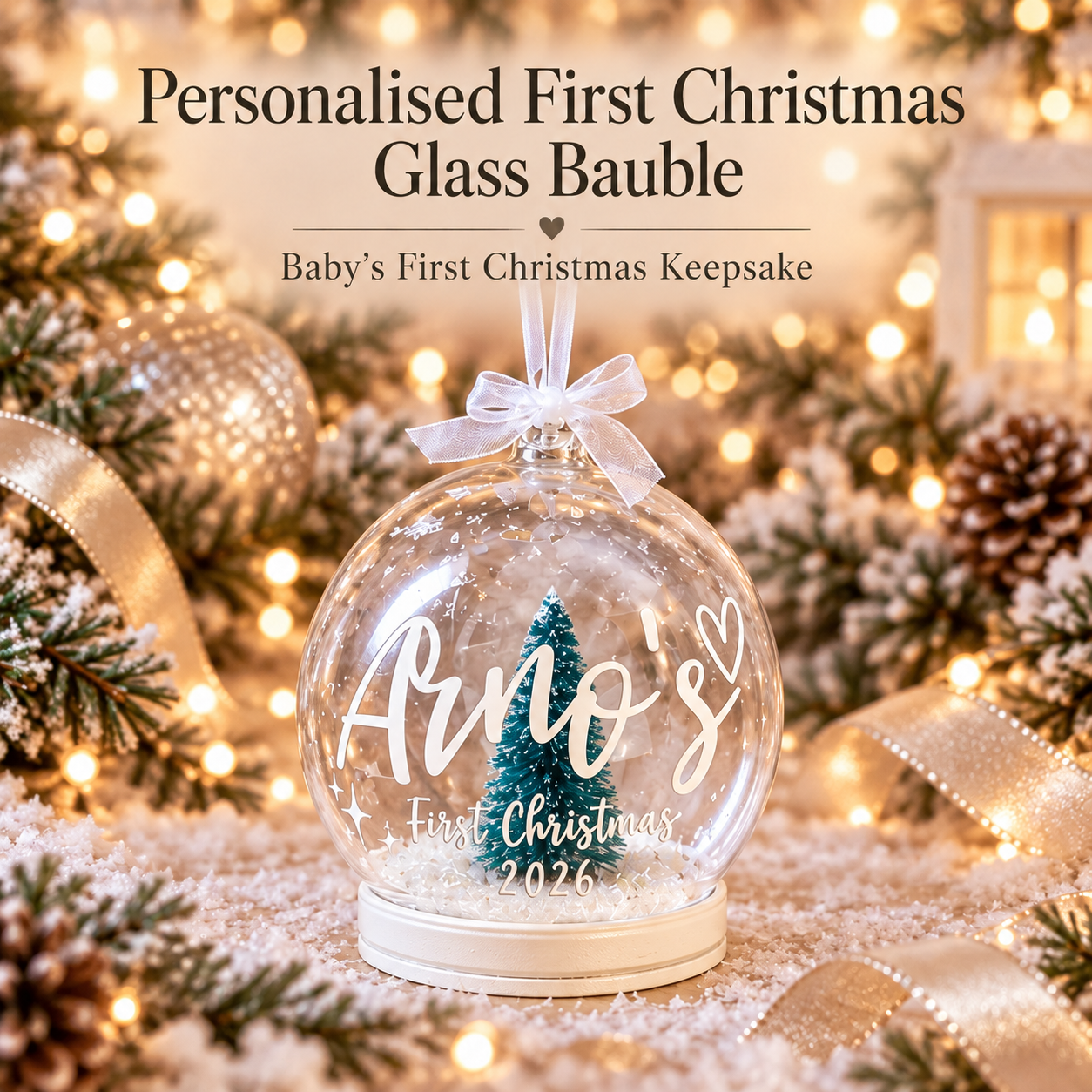 Personalised First Christmas Glass Snow Globe Bauble