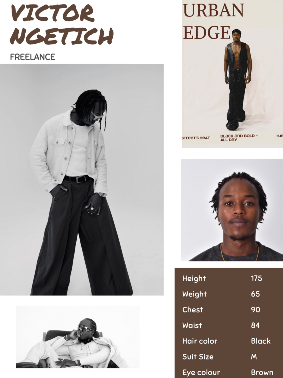 A digital modeling profile featuring photos of a Black male model with dreadlocks, wearing a white jacket in one image, a black outfit in another, and sunglasses in a third. The profile displays the name Victor Ngetich, the label Freelance, and personal details including height 175 cm, weight 65 kg, chest 90 cm, waist 84 cm, black hair, suit size M, and brown eyes.