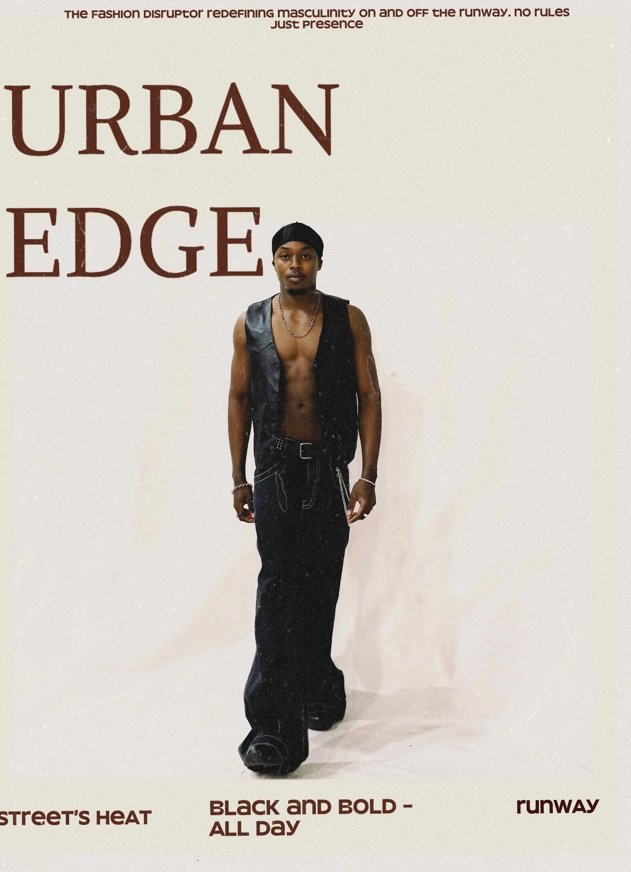 Magazine cover titled 'Urban Edge' featuring a shirtless young man wearing black pants, a sleeveless leather vest, a black head covering, and jewelry, standing against a white background with larger text and smaller article titles.