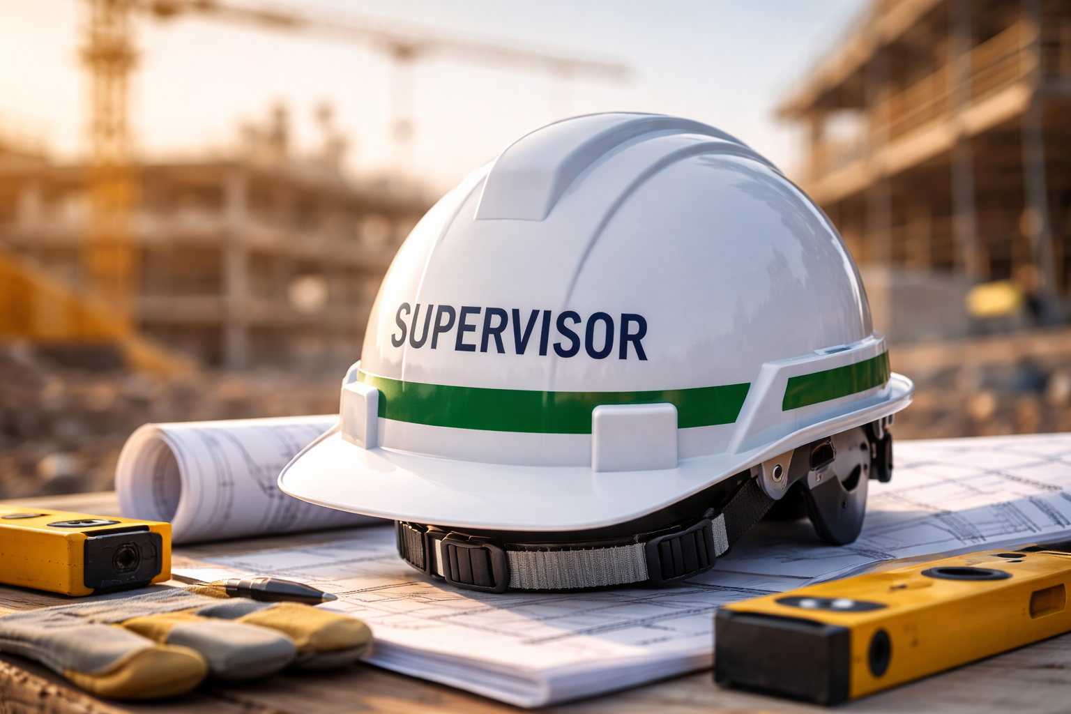 Construction supervisor's hard hat on blueprints with tools at a construction site.