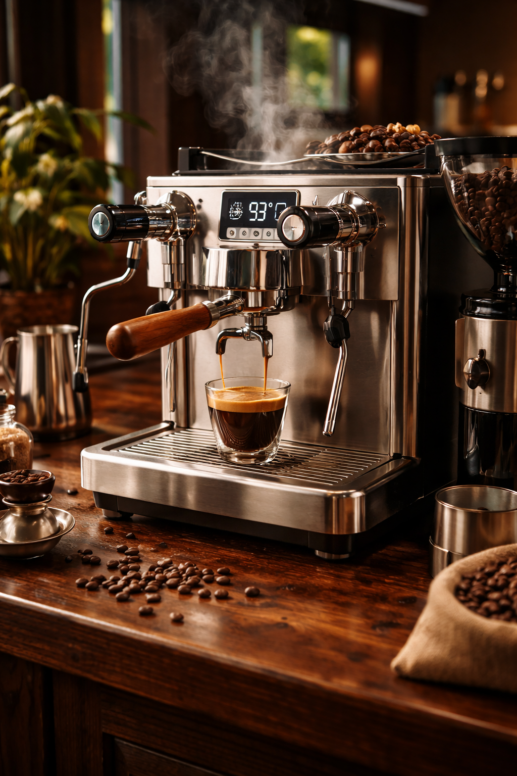 A stainless steel espresso machine brewing a shot of espresso into a glass cup on a wooden countertop, with coffee beans scattered around and a bag of coffee beans nearby.