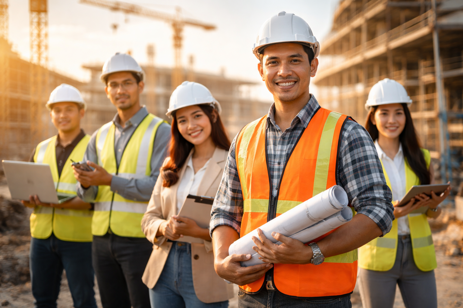 Group of construction professionals wearing safety helmets and vests, standing on a construction site with buildings and cranes in the background.