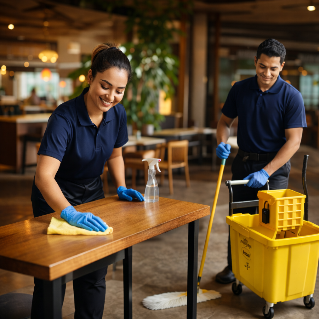 Two restaurant staff members are cleaning a wooden table; female is wiping with a yellow cloth, male is mopping the floor with a mop and standing next to a yellow cleaning cart, both wearing navy blue shirts and blue gloves, smiling while working together.