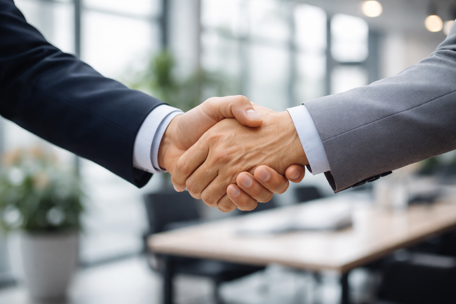 Two people shaking hands in a business setting.