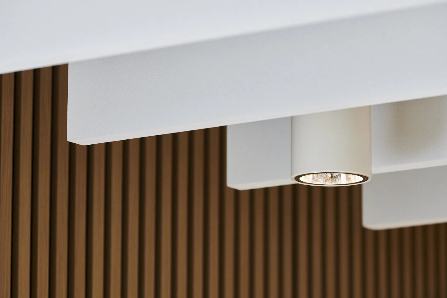 Modern ceiling with white panels, a built-in spotlight, and brown wooden slats on the wall.