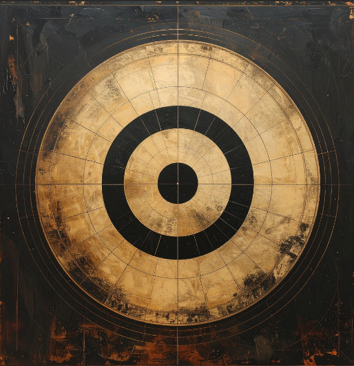 An aged, vintage-style record target with concentric circles, resembling a bullseye, on a distressed dark background.