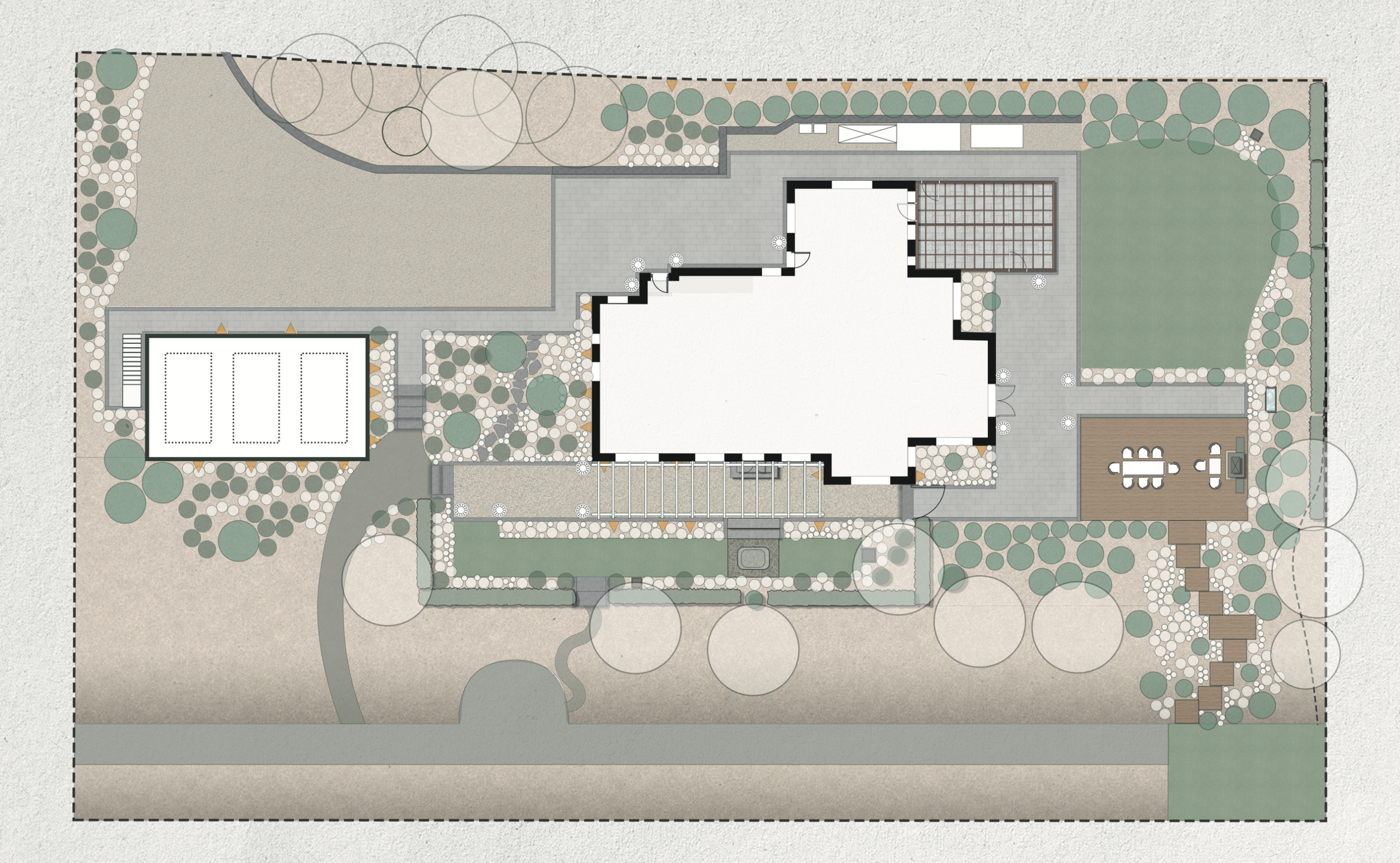 Top-down view of a garden design with a house, patio, garden beds, trees, walking paths, a tennis court, and a wooden deck with outdoor seating.