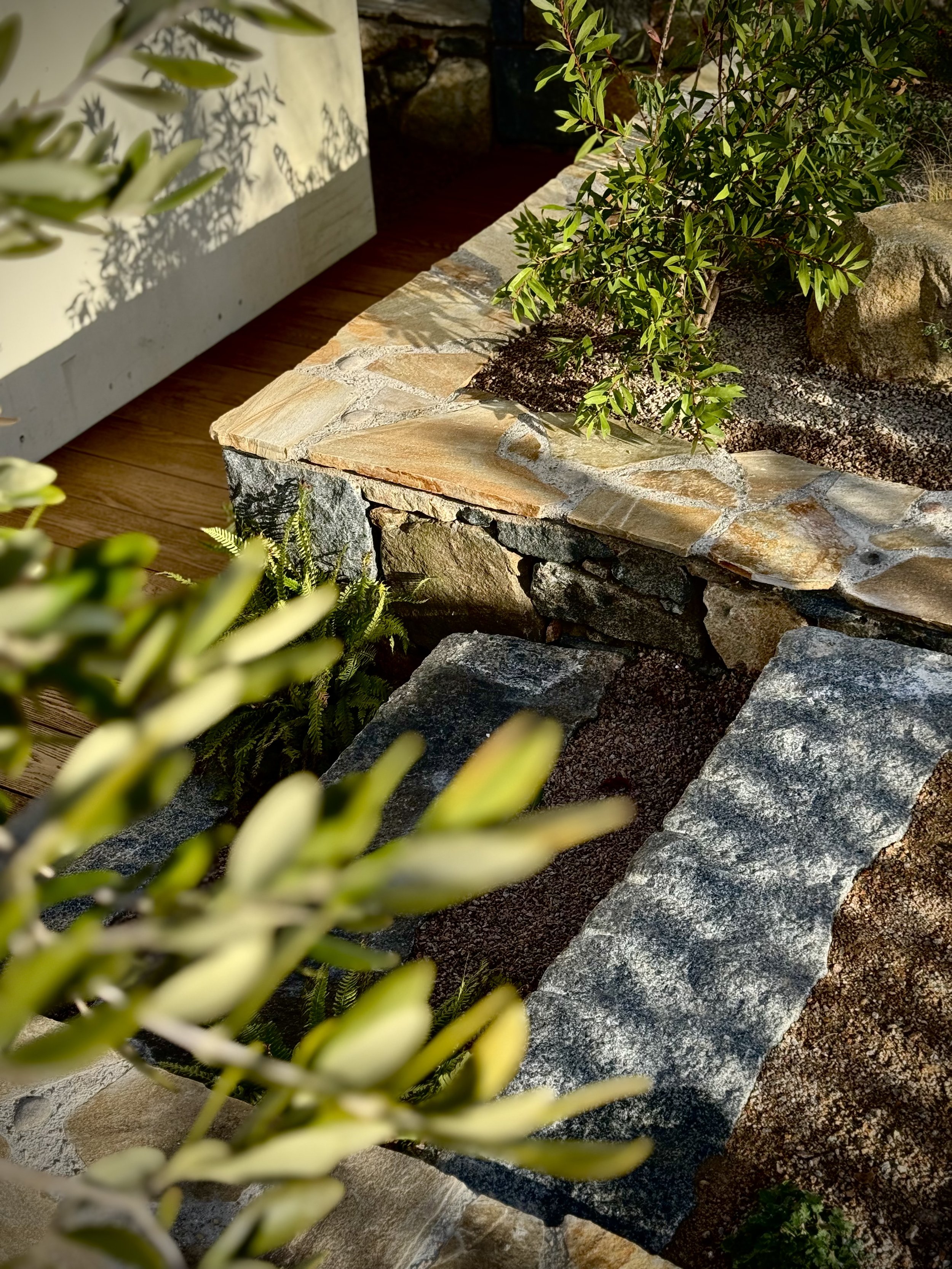 Close-up view of a rock garden with various stones and green plants, located on a wooden deck.