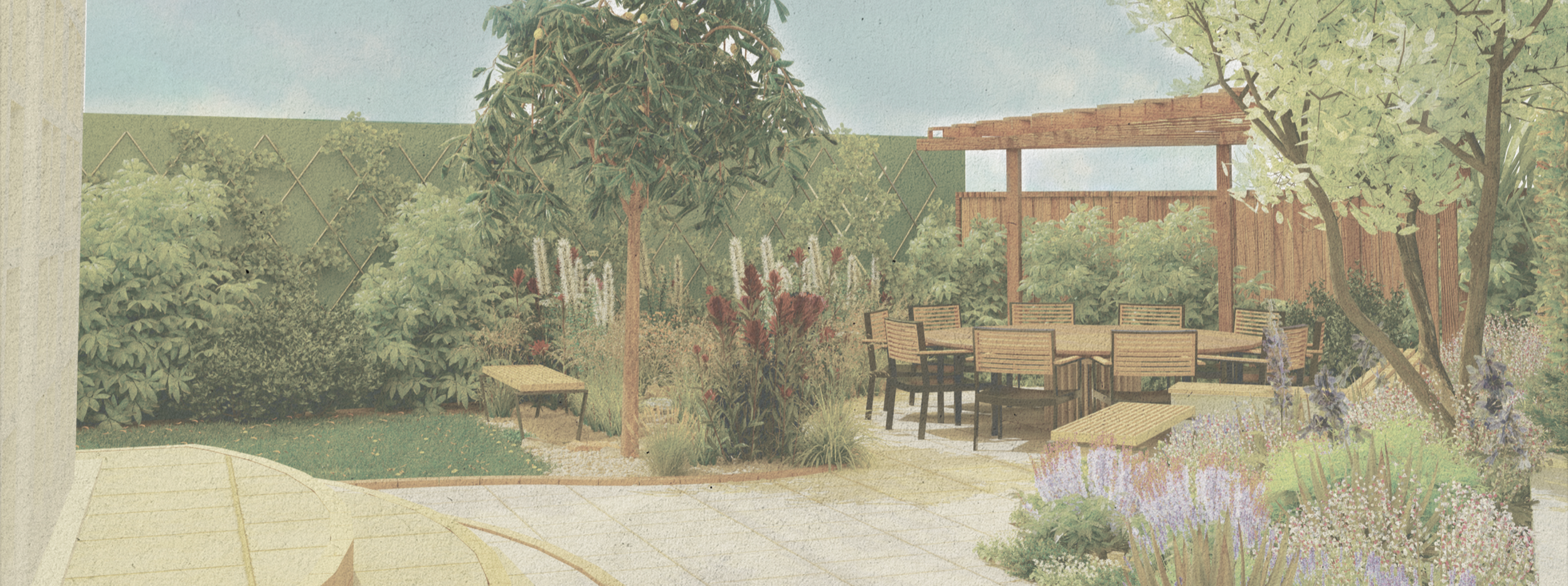 A landscaped backyard garden with a paved patio, trees, shrubs, flowering plants, a wooden pergola with chairs around a dining table, and a privacy fence.