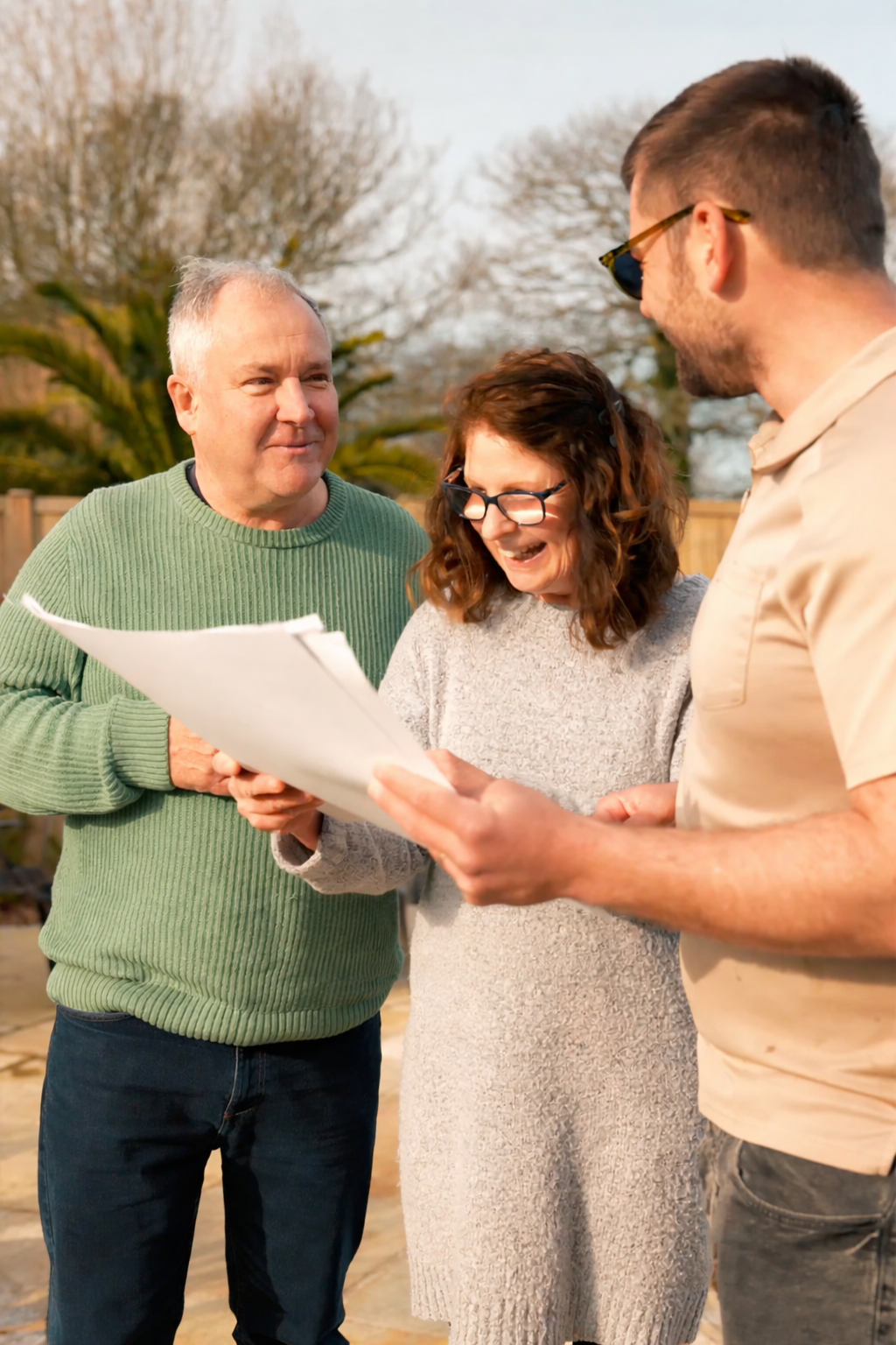 Four people standing outdoors, looking at a document, smiling and engaging in conversation, with trees and a fence in the background.
