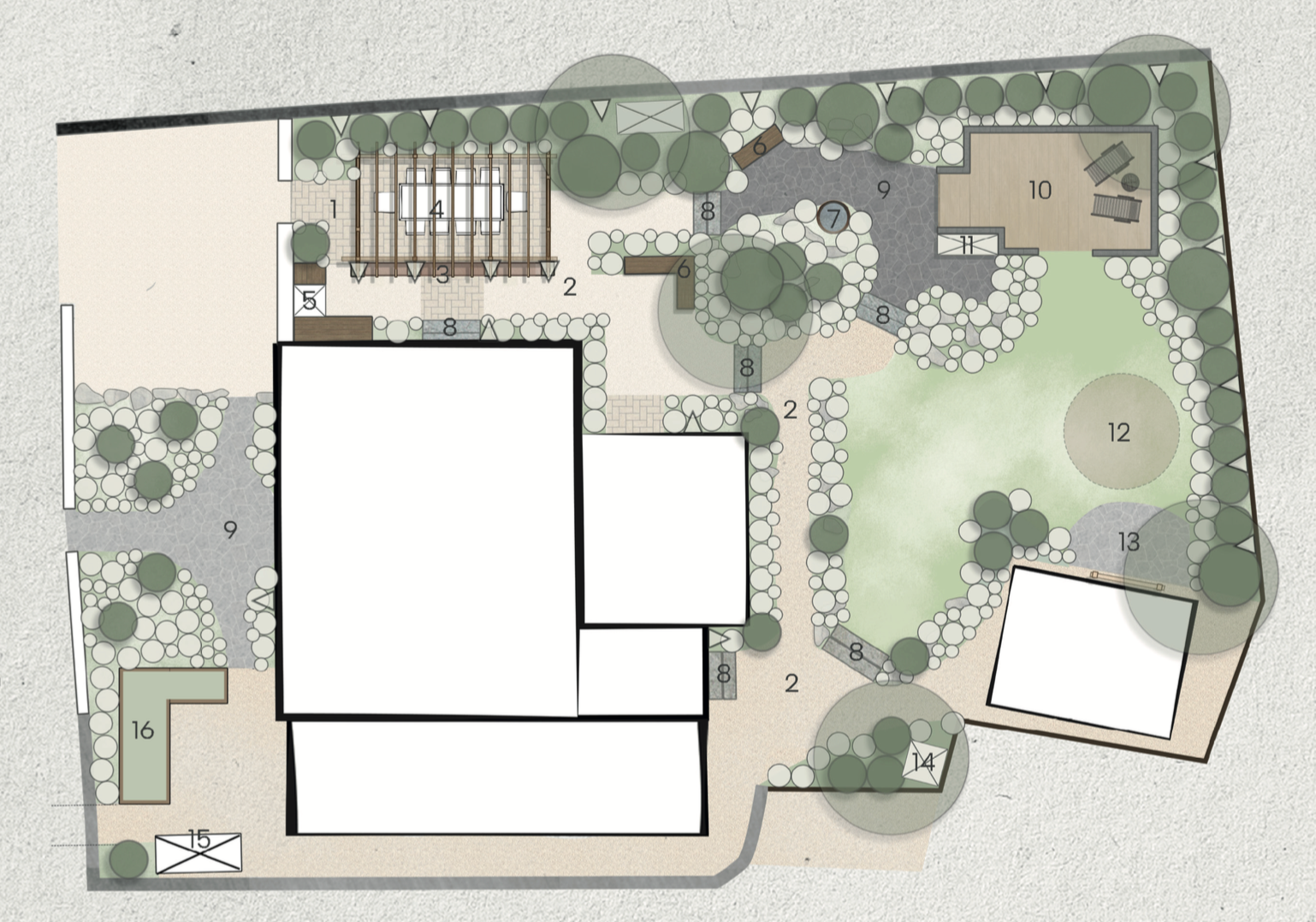A landscape design plan showing a garden with various features including a deck, garden beds, trees, pathways, a pergola, a play area, and a lawn.