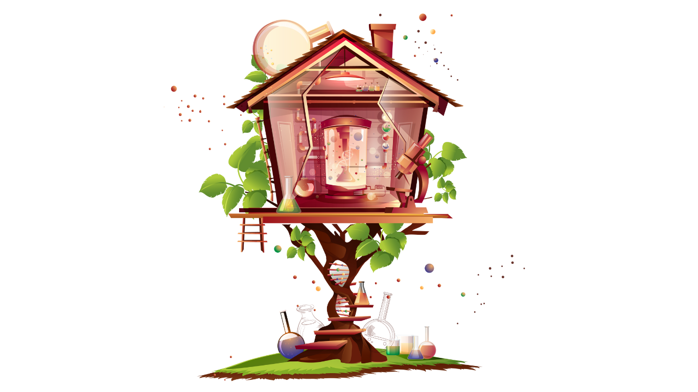 A whimsical, colorful laboratory house built on a tree, with various scientific equipment like beakers and test tubes, surrounded by leaves and floating particles.
