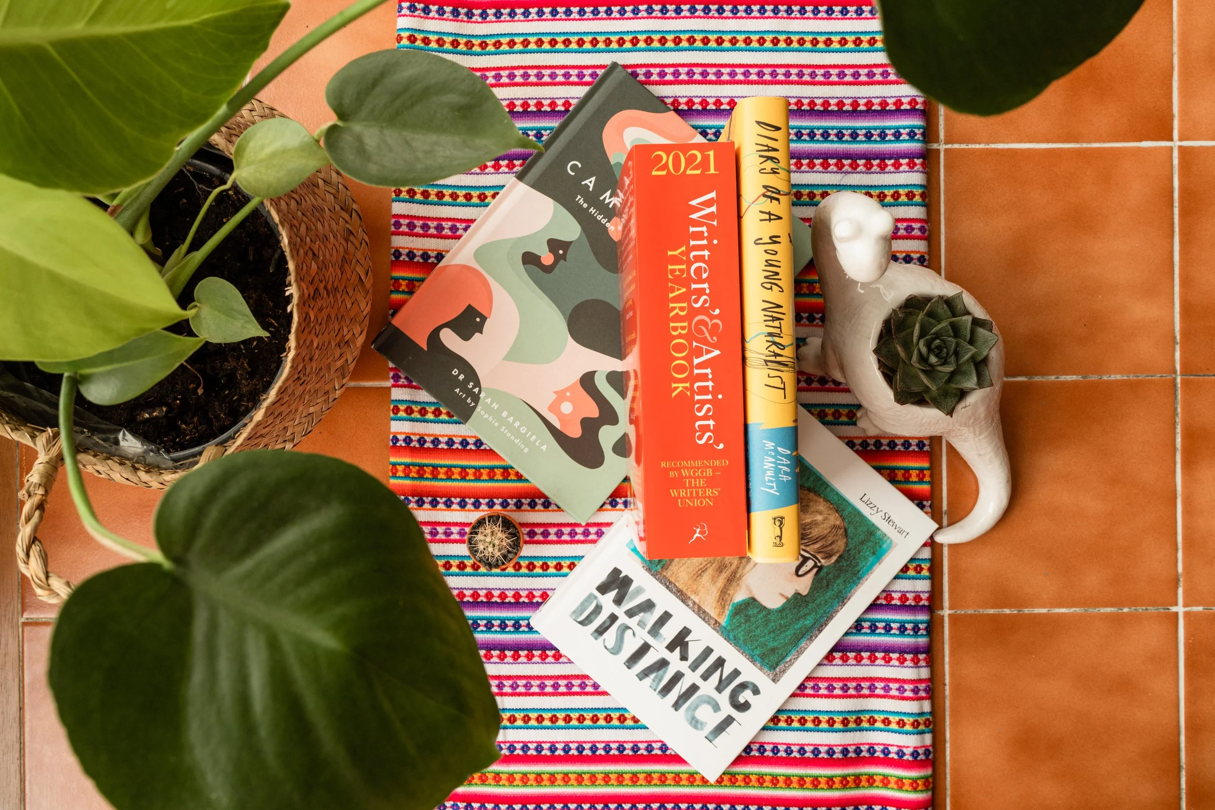 View looking downward on a display of books and plants in a creative display