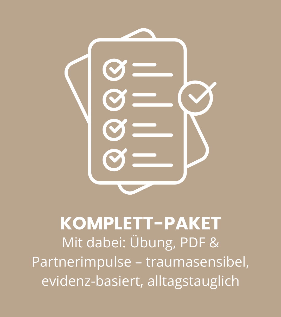 Grafik eines kleinen Pakets mit Checkboxen, das einen Überblick über ein Komplettpaket gibt, inklusive Übung, PDF und Partnerimpulse, alltagstauglich und evidenzbasiert.