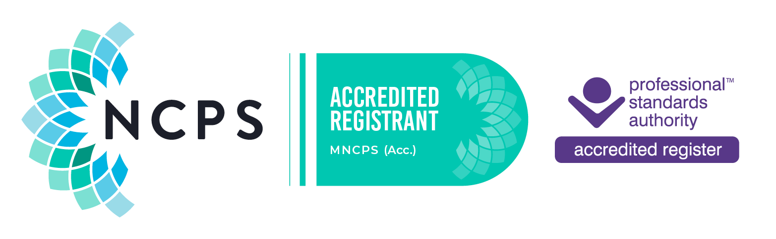 NCPS accreditation badge with teal and purple design, includes NCPS logo, 'Accredited Registrant' text, and 'Professional Standards Authority' accreditation logo.