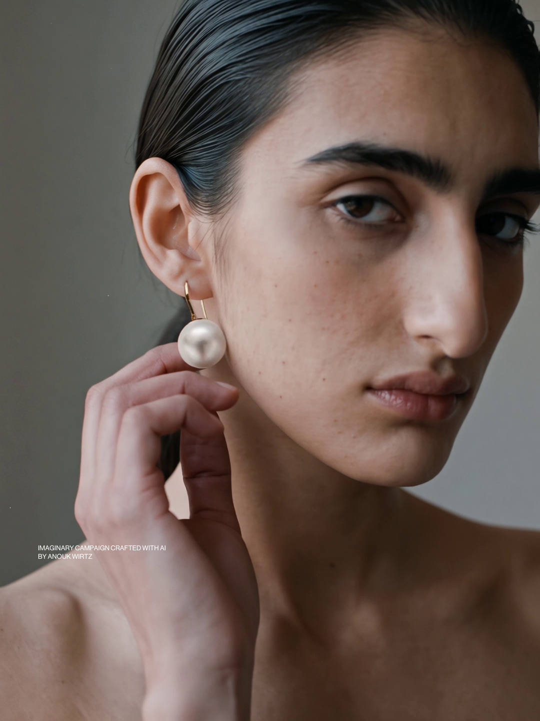 Close-up of a woman with dark, slicked-back hair wearing a large pearl earring, touching her earlobe with her hand.