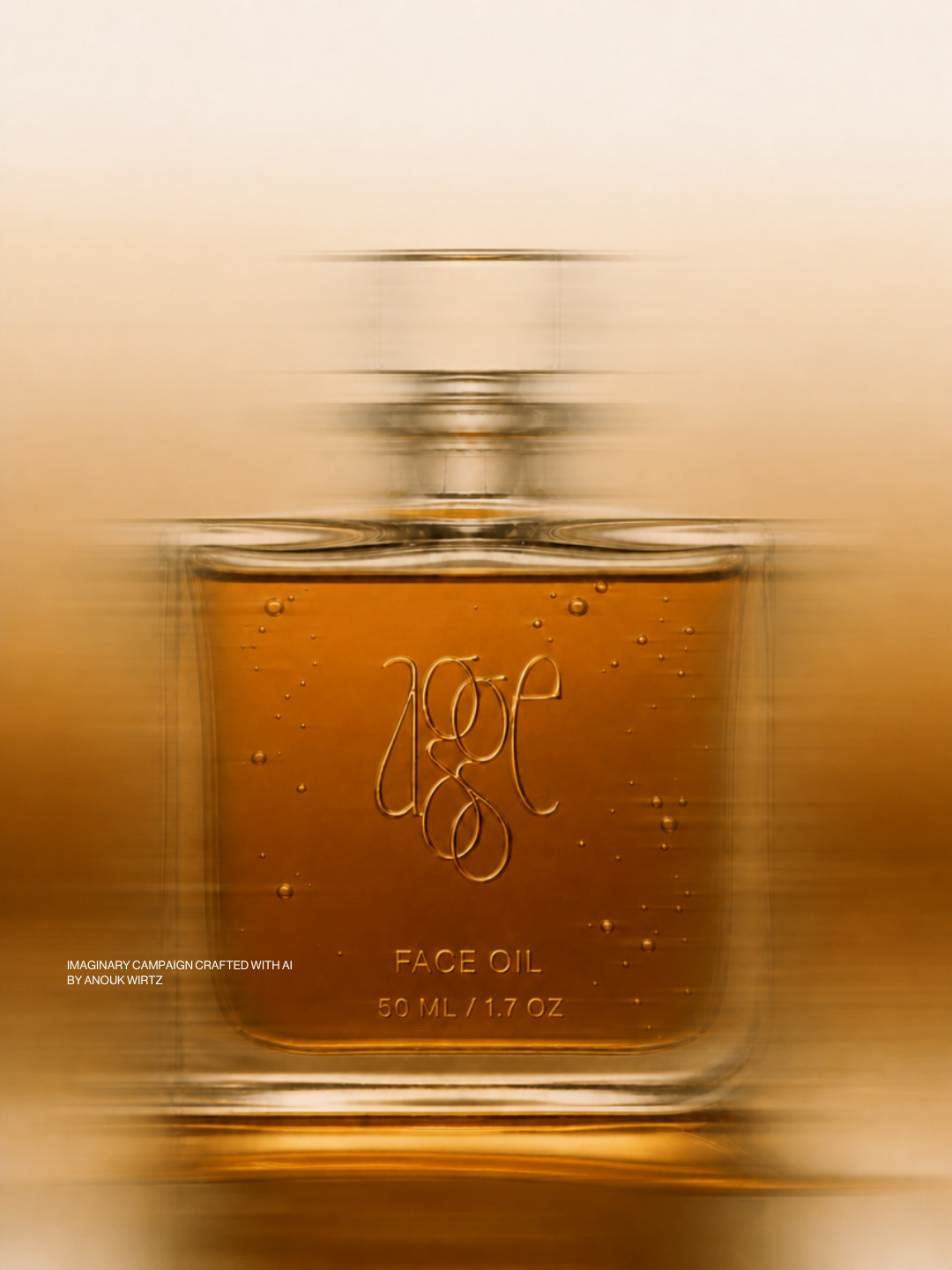 A glass bottle of face oil containing 50 milliliters or 1.7 ounces of a golden-colored liquid, with the text 'face oil' and a stylized logo on the front.