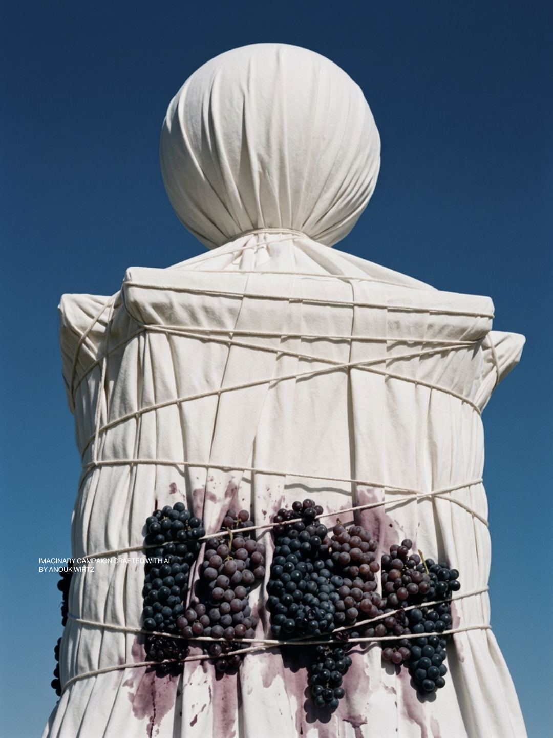 A statue wrapped in white cloth with black grapes and wine stains on the fabric, against a clear blue sky.