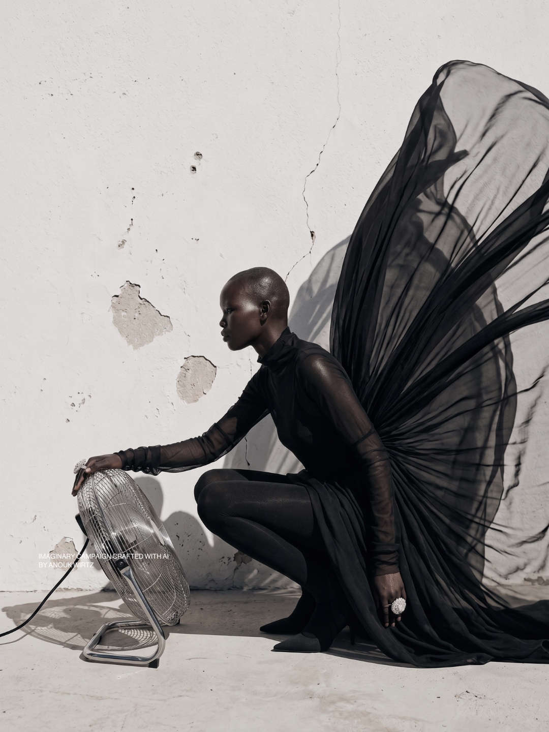 A model with dark skin and a shaved head, wearing a black sheer long-sleeve top and black pants, is crouching next to a vintage electric fan. She is touching the fan with her right hand and has a large ring on her left hand. Behind her, there is a wh