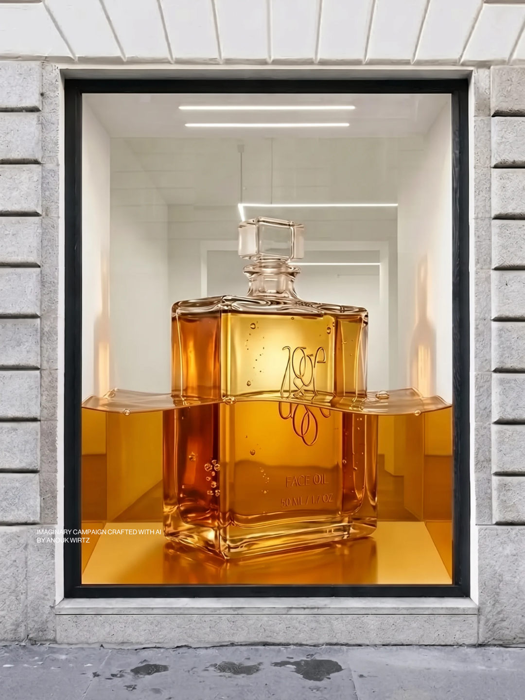 Large artwork of a perfume bottle with orange-colored liquid, displayed in a window display. The bottle has a rectangular shape with a square cap, and the background is a clean, white interior with horizontal and vertical lighting accents.