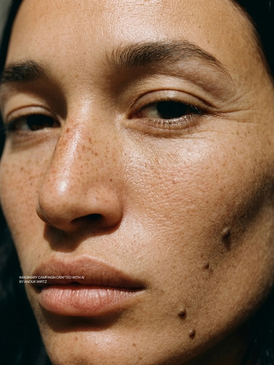 Close-up of a person's face showing skin with freckles, moles, and natural texture, with one eye slightly closed and the other nearly closed.