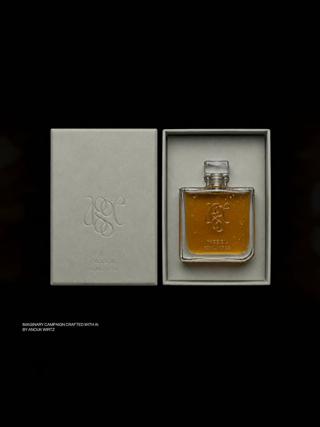 A luxury face oil in a glass bottle with a black background, with the bottle inside a light-colored box.