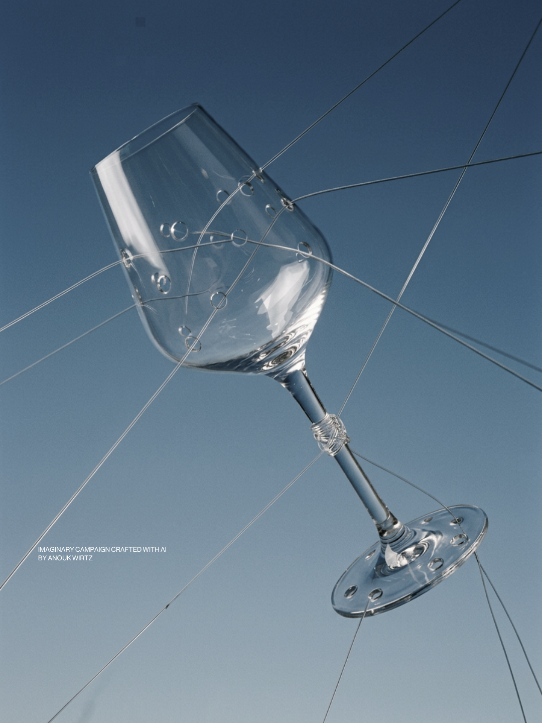 A transparent wine glass with holes inside, floating against a blue sky background, connected by thin wires or strings.